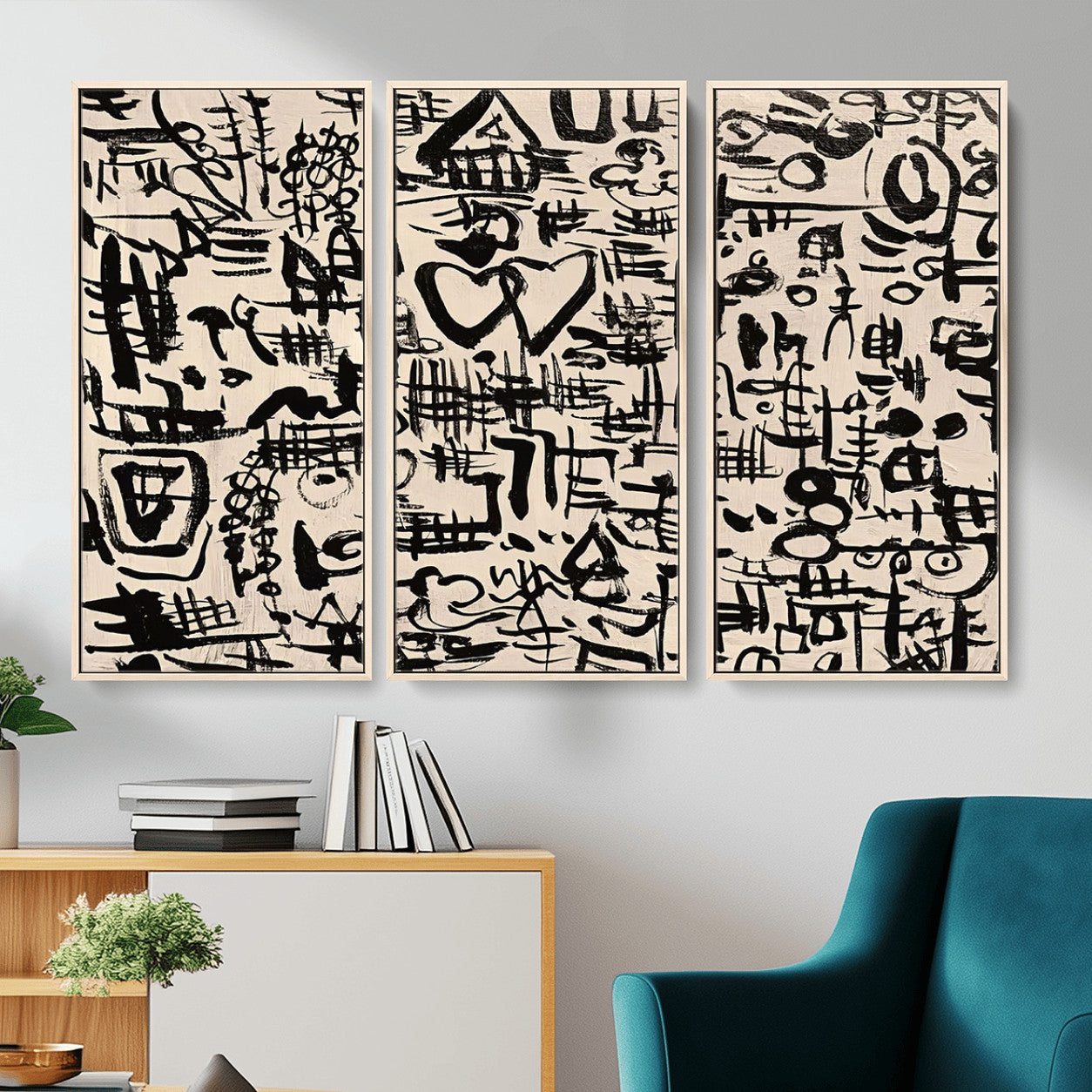 68273-MGV-FC-48X32-3P - Abstract Love and Chaos Canvas Print, Black Symbols on Beige