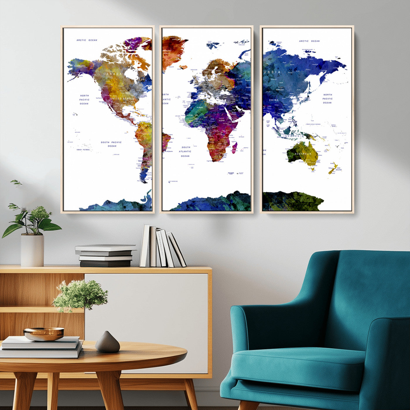 90446-MGV-CV-36X24-Colorful Watercolor World Map Canvas Wall Art – Framed Modern Push Pin Travel Map for Home and Office Decor