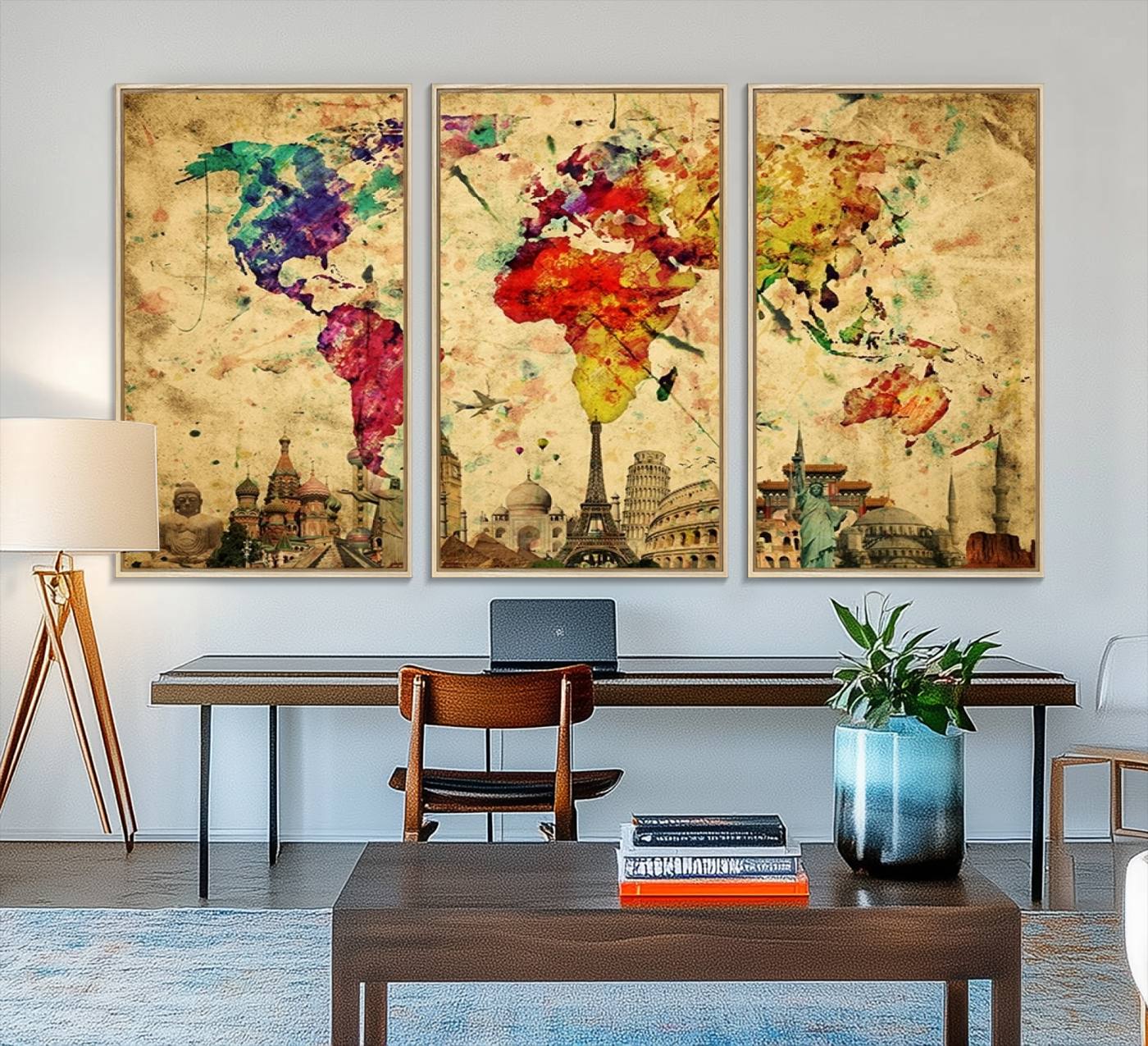 34595-MGV-FC-48X32-3P_Natural-Push Pin World Map Canvas Print – Framed Travel Map Wall Art for Couples, Anniversary Gift, Modern Home or Office Decor