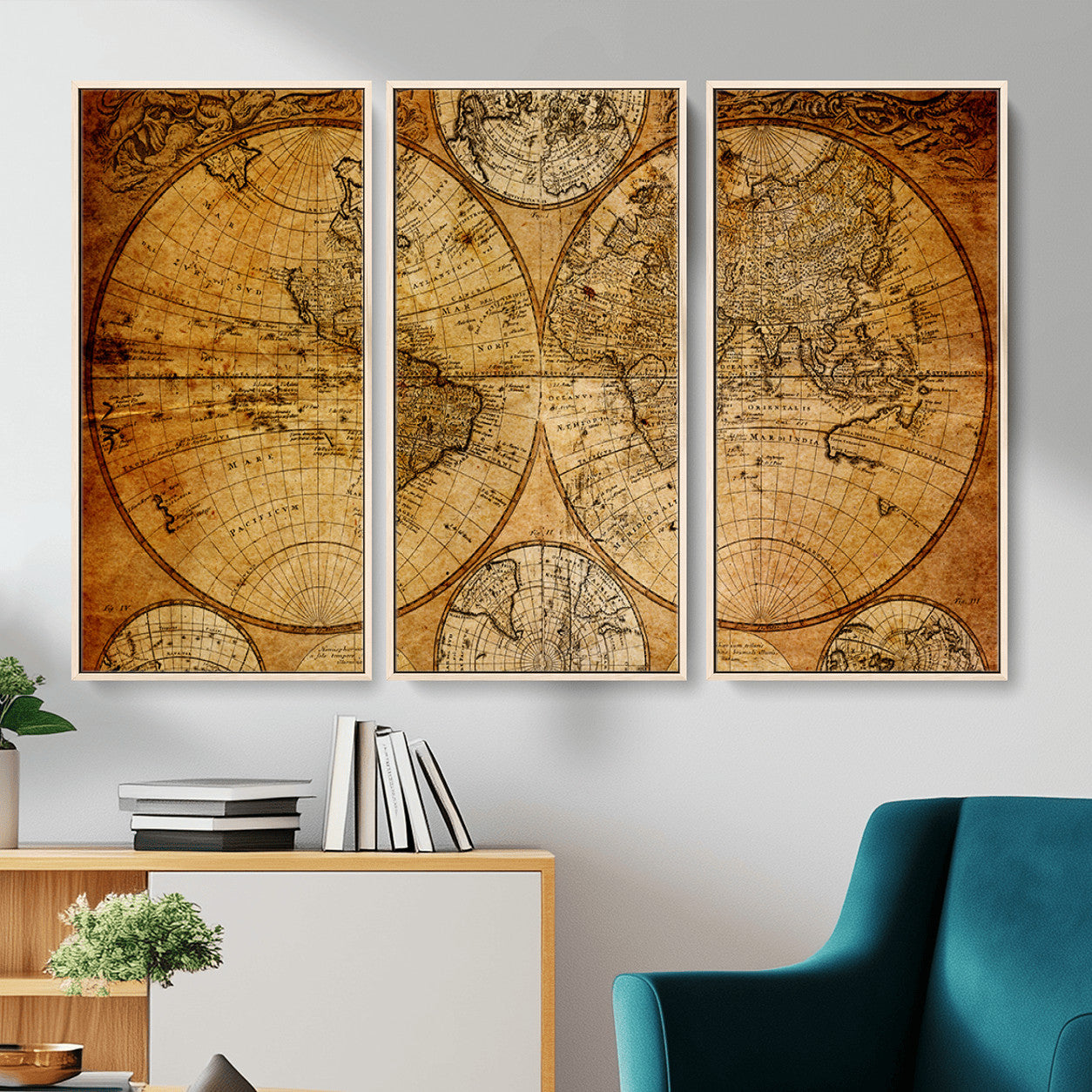 25517-MGV-FC-48X32-3P - Vintage World Map Canvas Print – Antique Push Pin Travel Map, Framed Wall Art for Home or Office Decor