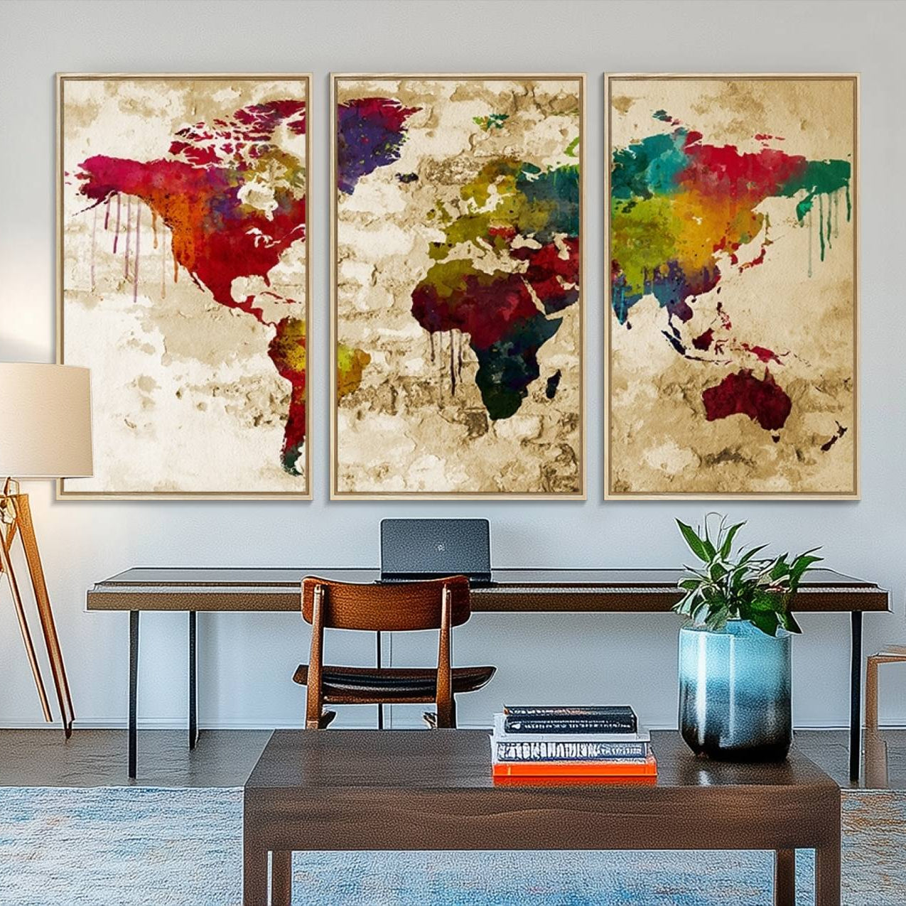 61906-MGV-FC-48X32-3P_Natural-World Map Canvas Print – Framed Push Pin Wall Art, Color Splash Travel Map for Modern Home and Office Decor