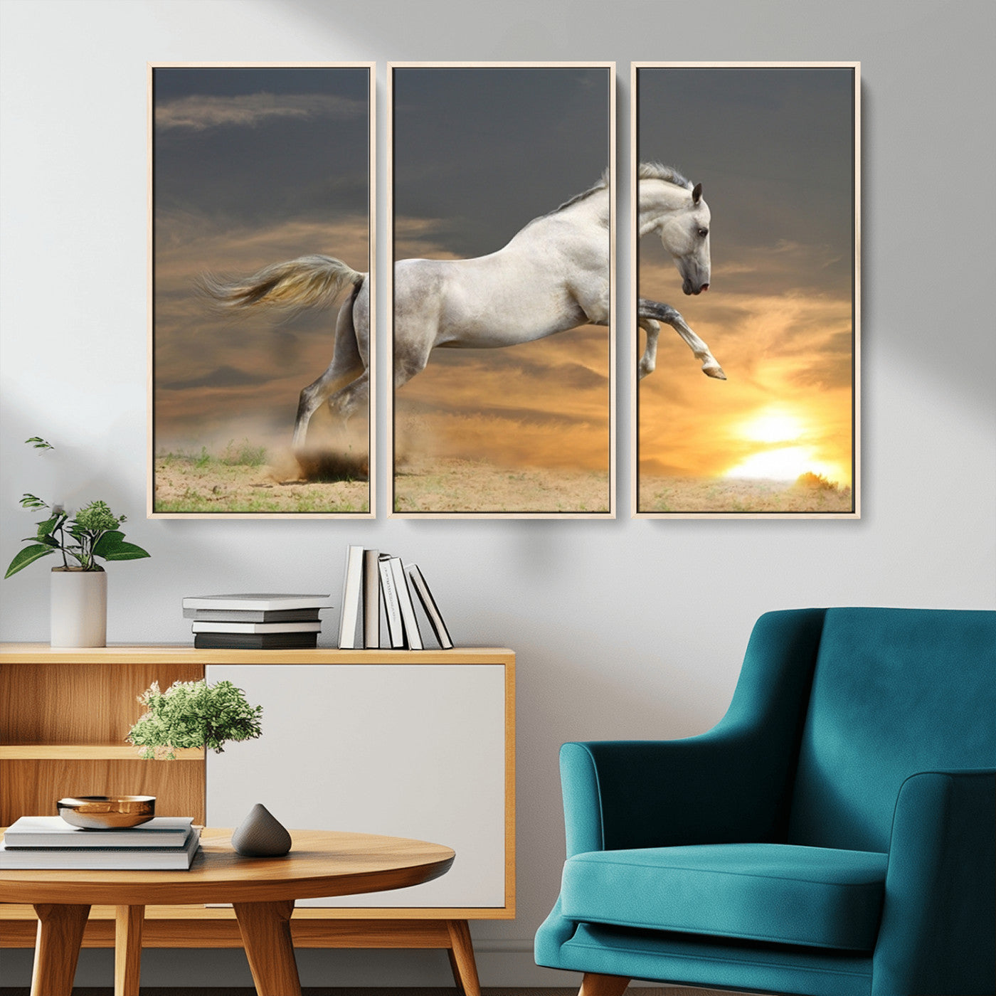 -Large Wall Art Canvas Print – White Jumping Horse Sunset Scene Animal Artwork for Home, Office, Living Room Decor