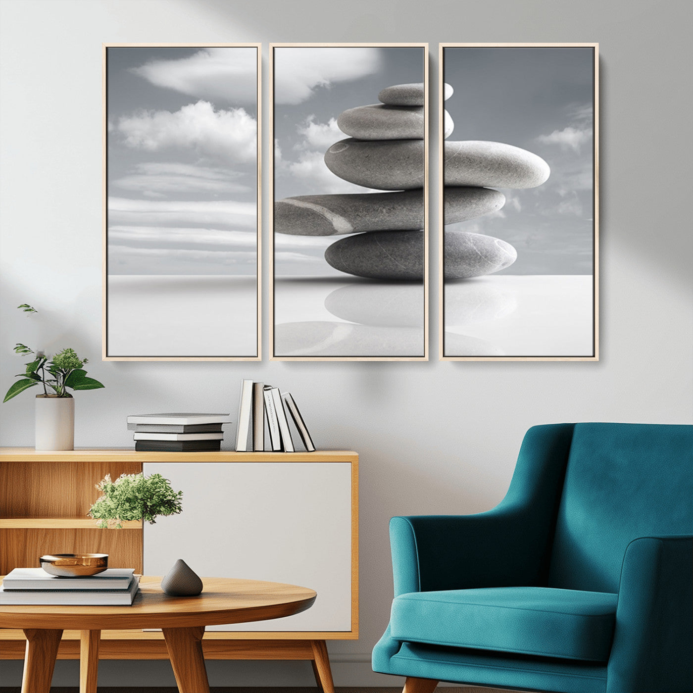 14496-MGV-FC-48X32-3P_Natural-Still Life Black and White Zen Stones Wall Art Canvas, Framed Black and White Zen Stones Canvas