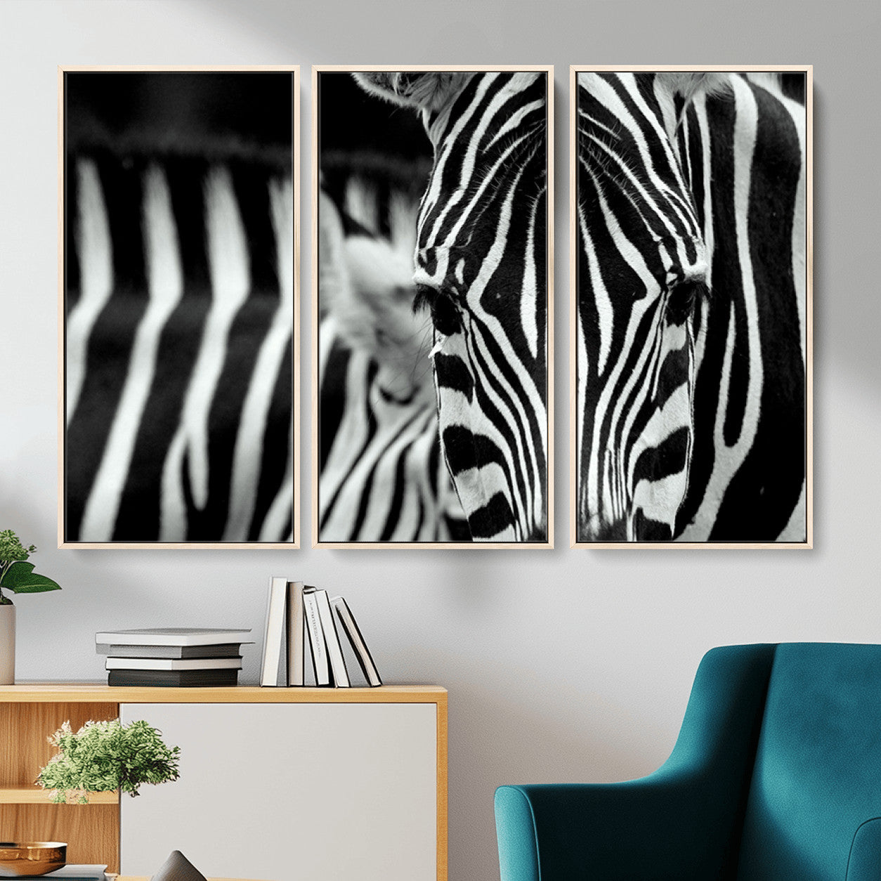 MGV-FC-48X32-3P - Zebra Wall Art – Close Up Black and White Animal Print, Bold Safari Decor for Living Room, Office, or Bedroom