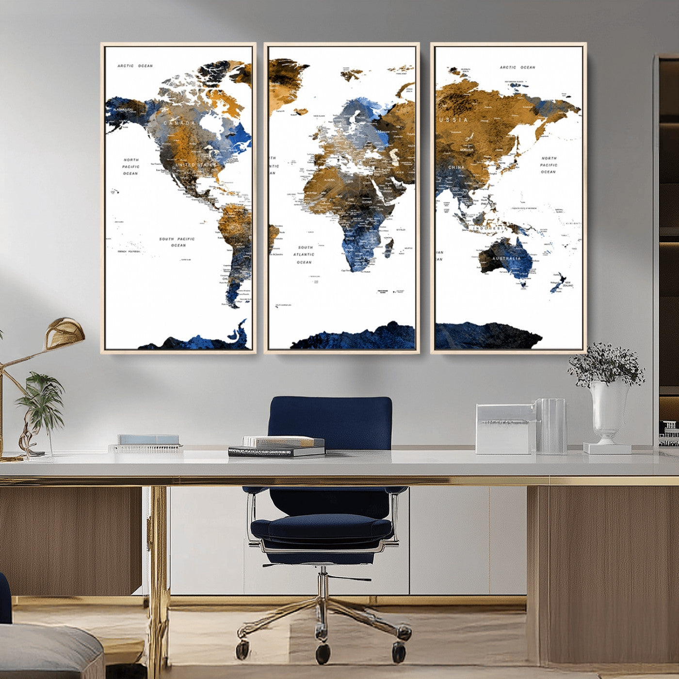 56231-MGV-CV-36X24-Navy and Gold World Map Canvas Wall Art – Framed Modern World Map Print, Elegant Travel Inspired Artwork for Home and Office Decor
