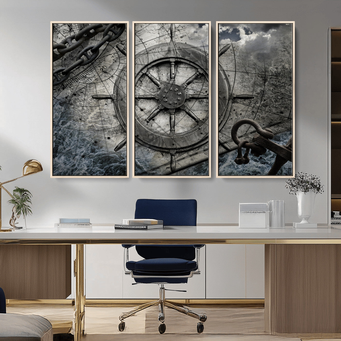-Ship Steering Wheel Vintage Wall Art Canvas Print