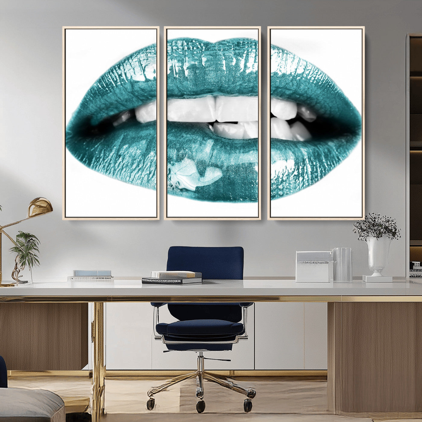 -Blue Lips Wall Art Canvas Print