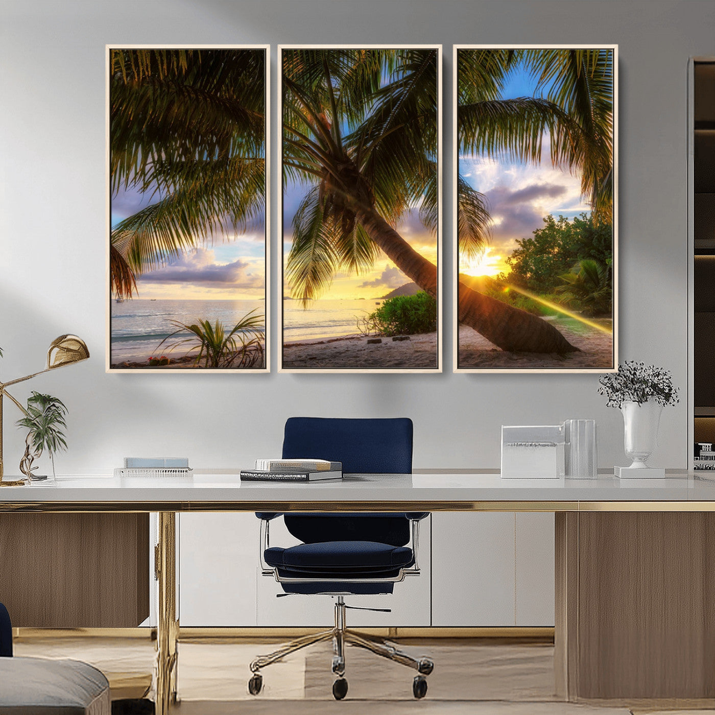 -Tropical Island Sunset on the Beach Palms Wall Art Canvas Print