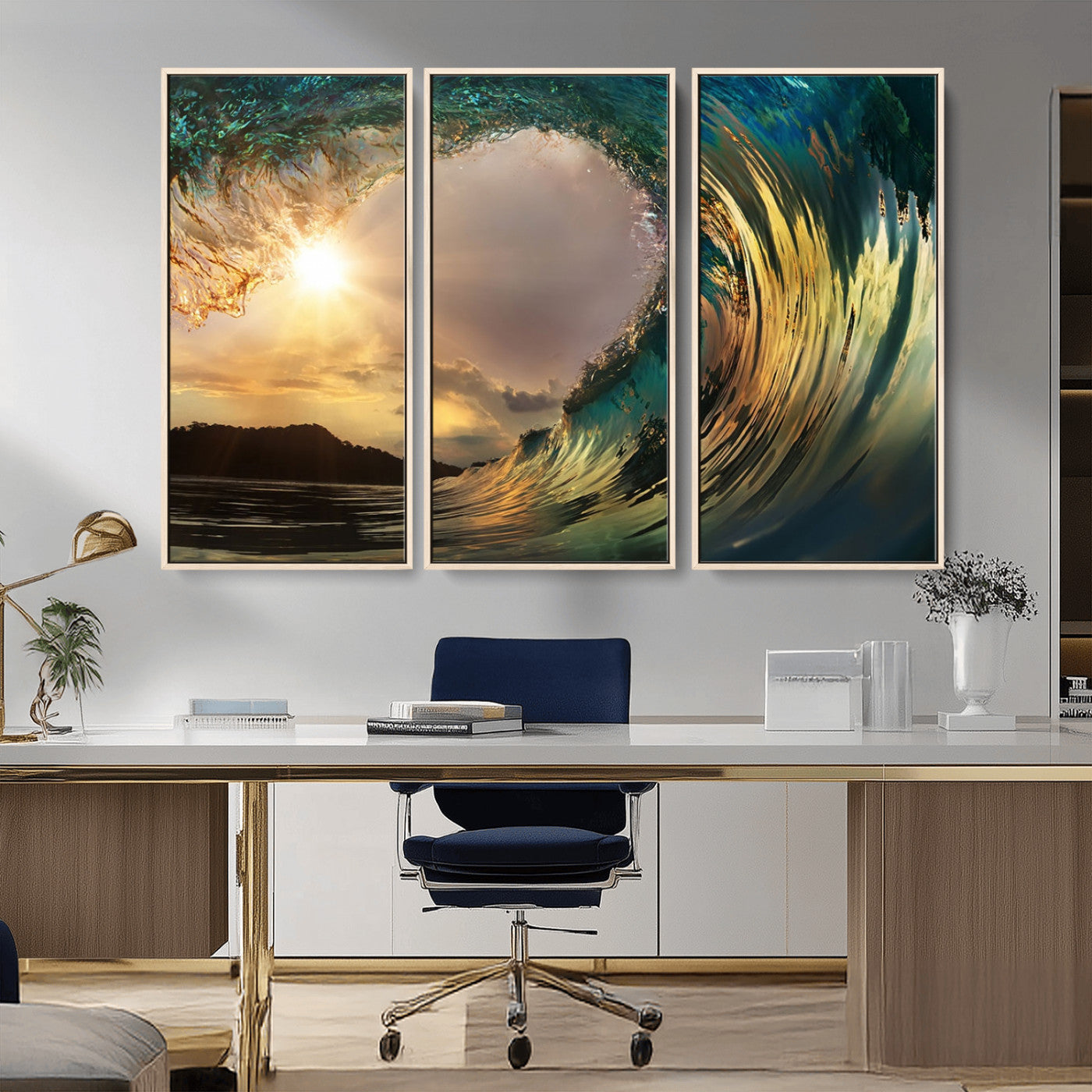 -Golden Wave Sunset Canvas Print – Large Coastal Wall Art for Nature Lovers, Captivating Ocean Wave