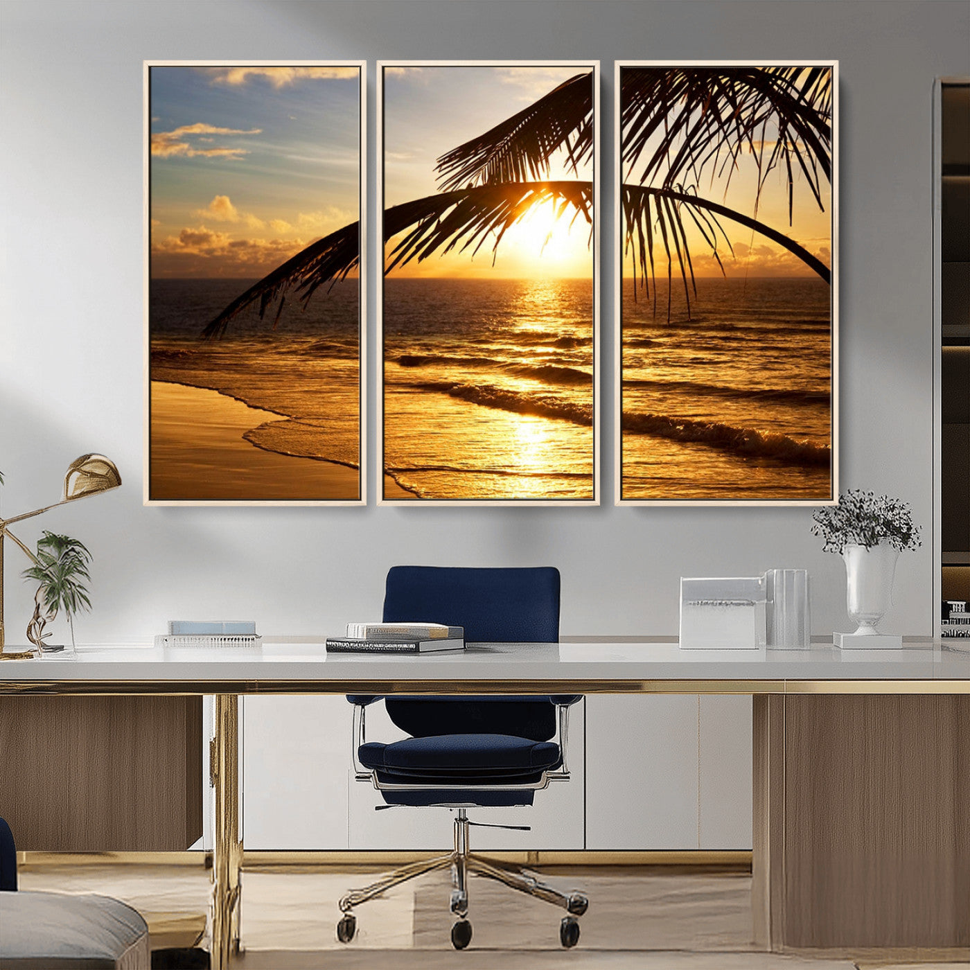 41507-MGV-FC-48X32-3P_Natural-Golden Tropical Beach Sunset Canvas Triptych, Coastal Palm Tree Wall Art, Ocean Shoreline Giclee