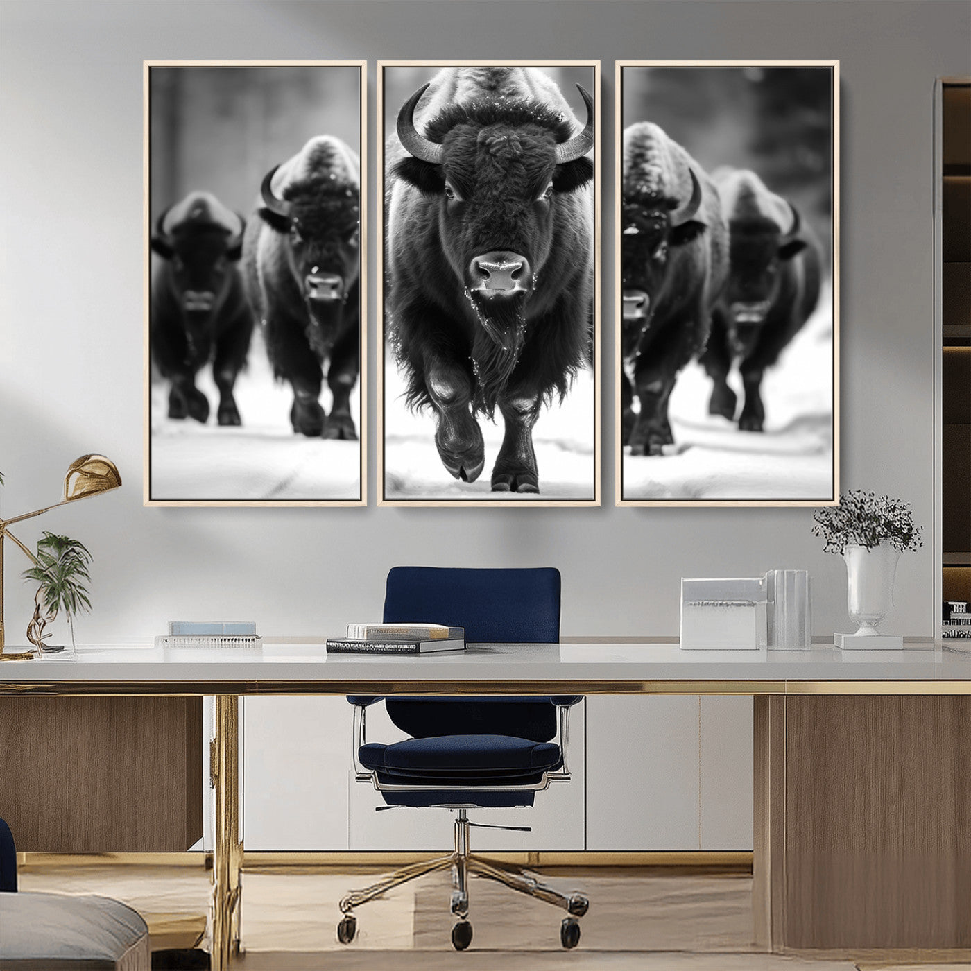 79872-MGV-FC-48X32-3P_Natural-American Bison Art | Buffalo Herd Wall Art Canvas Print, BW American Bison Herd Wall Art Canvas