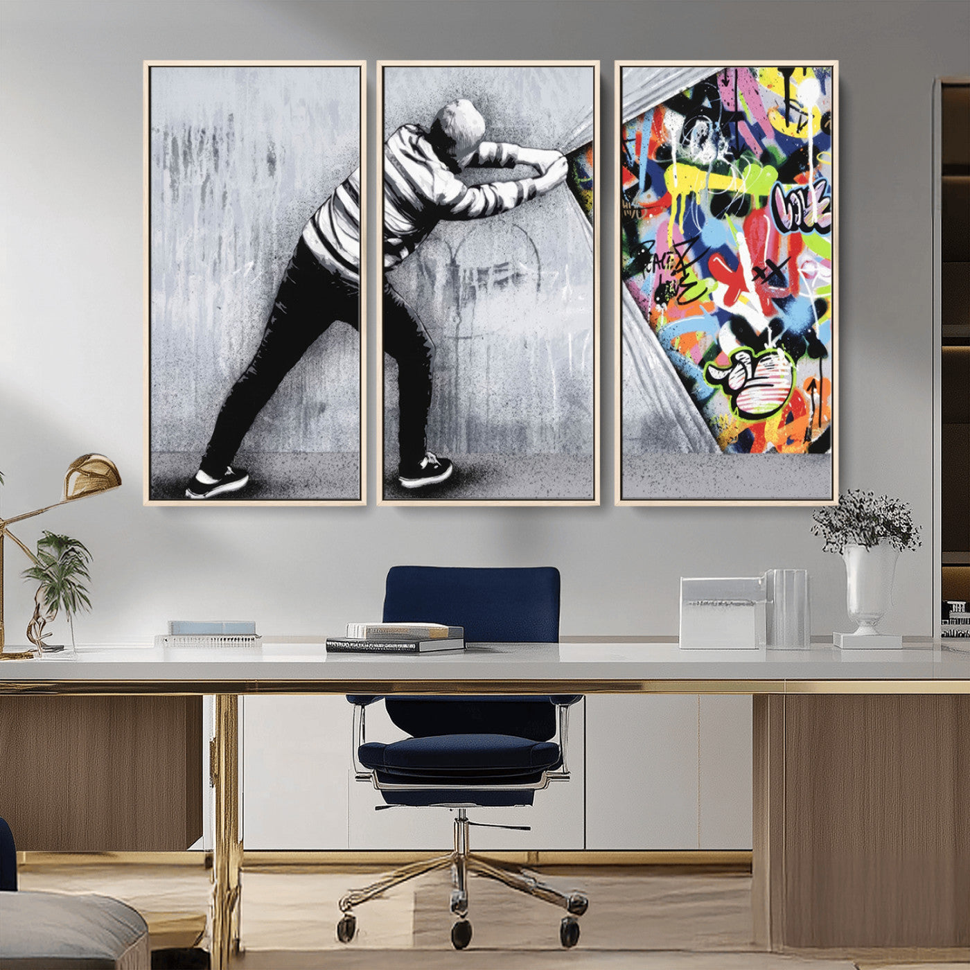 52252-MGV-CV-36X24-Banksy Art Behind the Curtain Street Wall Art Canvas Print | 3-Panel Urban Graffiti-Inspired Wall