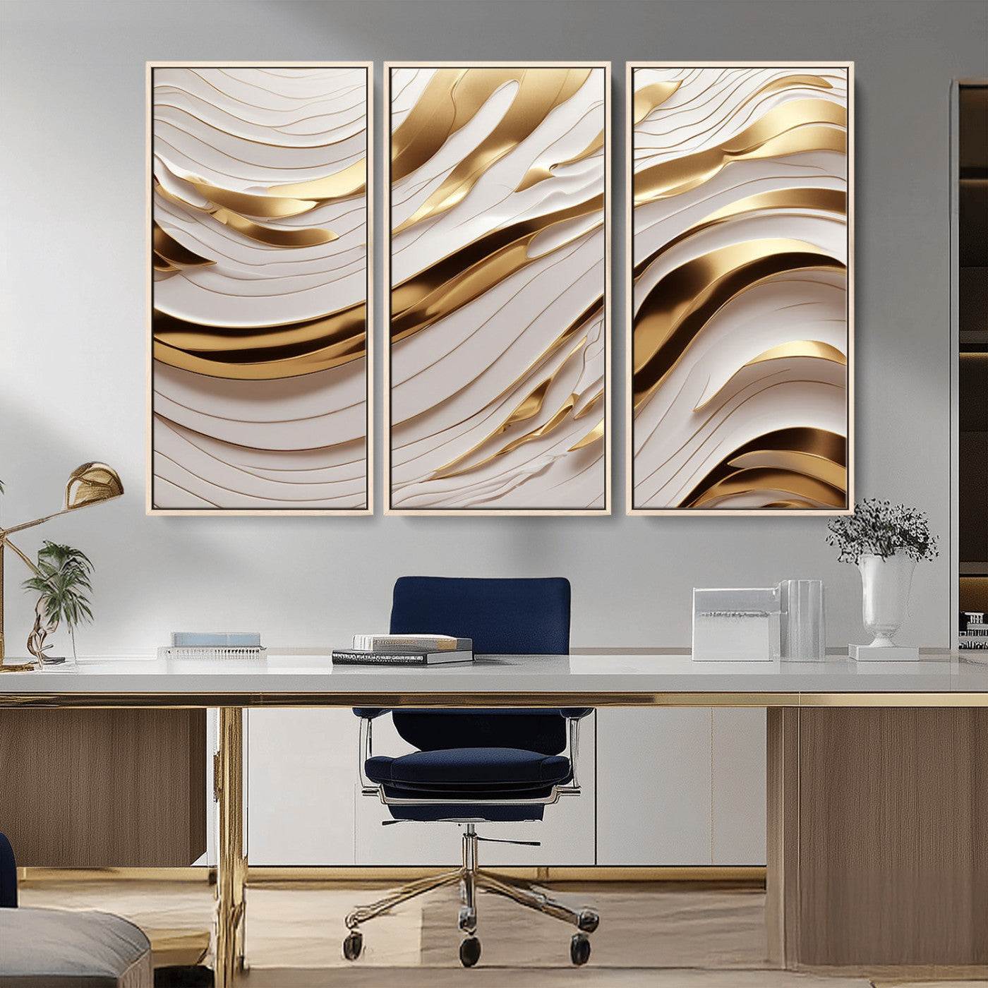 81197-MGV-CV-36X24-Gold and White Abstract Wave Canvas – Elegant Flowing Design with Luxurious Golden Accents –