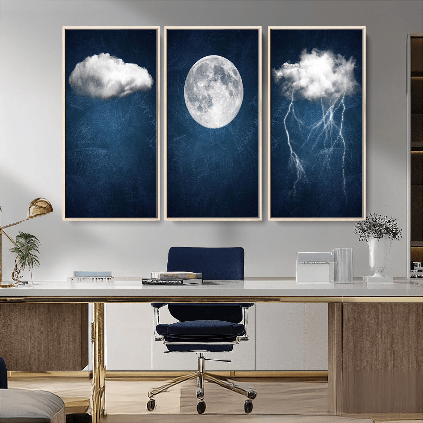 96569-MGV-CV-36X24-Dark Blue Cloud Art, 3 Piece Indigo Blue Wall Art, Aesthetic Surreal Art, Thunderstorm Moon Cloud