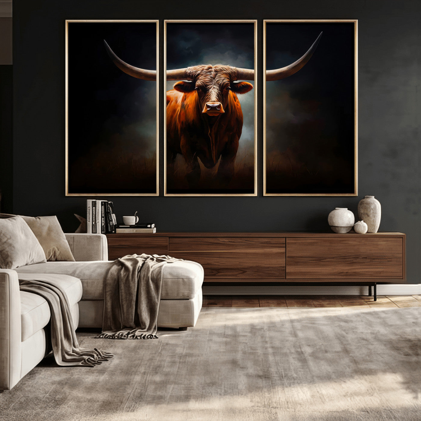 48896-MGV-CV-36X24 - Abstract Texas Longhorn Wall Art Print | 3-Panel Large Texas Longhorn Canvas Print for Living Room,