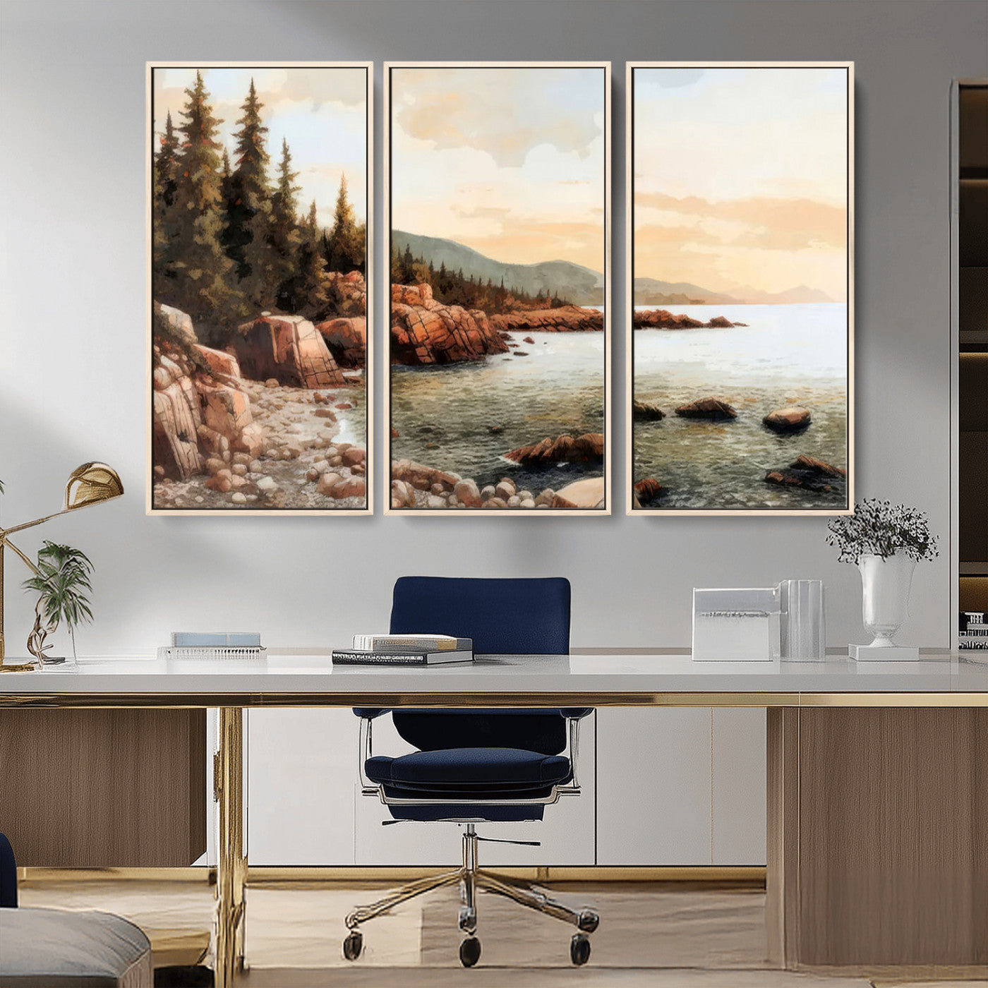 77145-MGV-FC-48X32-3P_Natural-Serene Coastal View of Acadia National Park Wall Art - Stunning 3-Panel Wall Art Canvas Print,