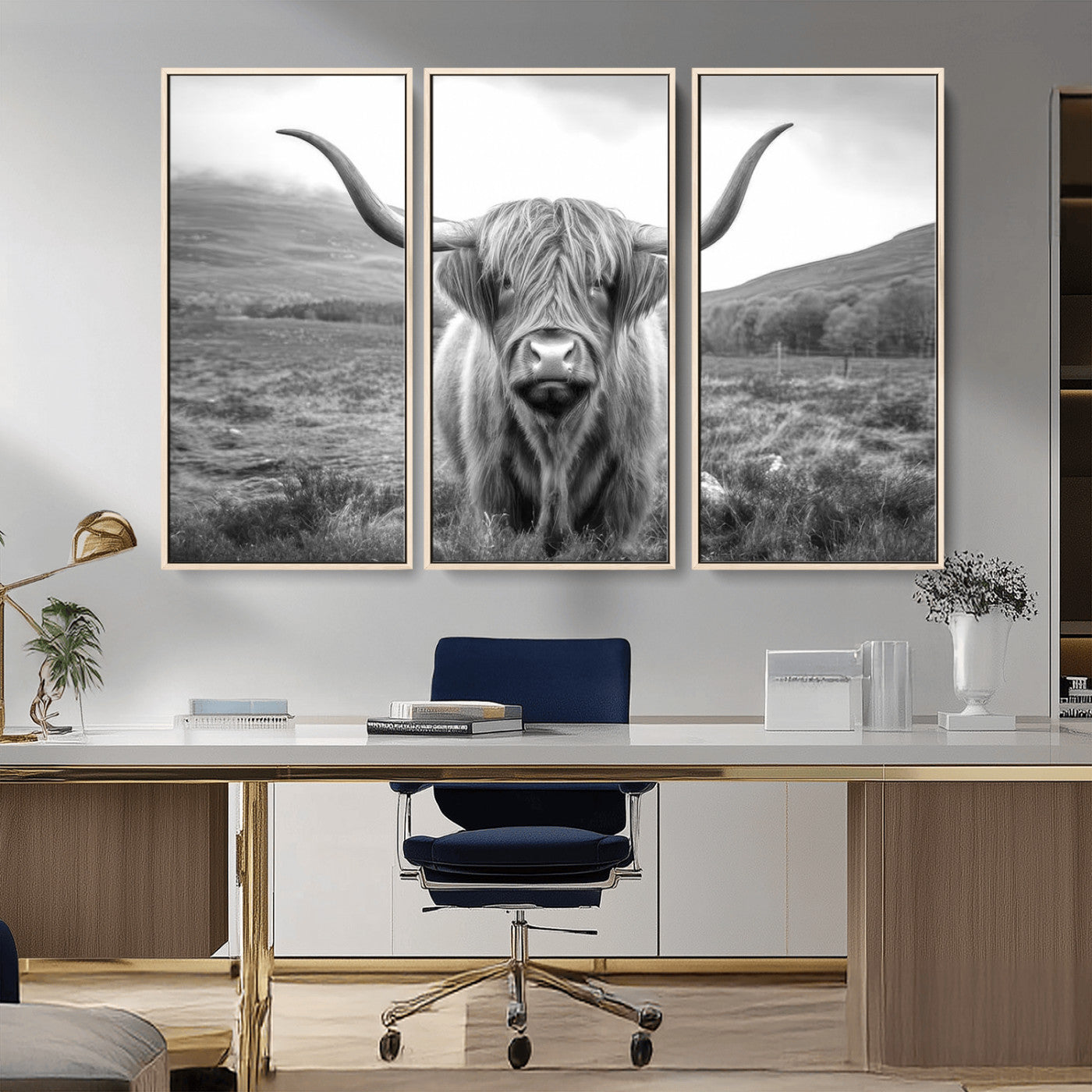 52903-MGV-FC-48X32-3P_Natural-Black White Scottish Highland Cow Canvas Farm Wall Art Canvas Print Rustic Animal Art for Home, Office Decor