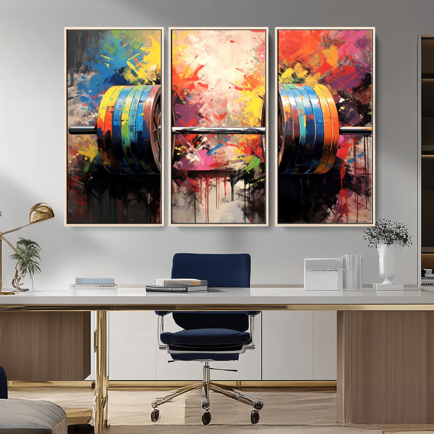 80436-MGV-FC-48X32-3P_Natural-Weightlifting Barbell Art Triptych, Bold Abstract Fitness Wall Decor for Gym or Home, Giclee Canvas