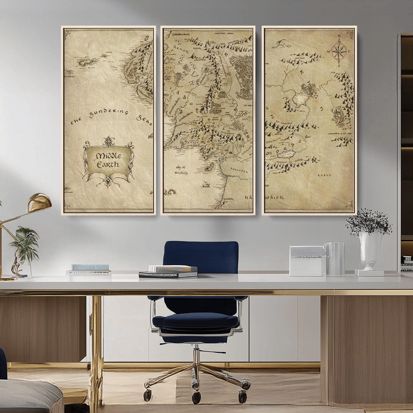 21784-MGV-CV-36X24-Vintage Middle Earth Map Wall Art Canvas – Lord of the Rings Inspired Framed Map Print, Classic Fantasy Decor for Home, Office