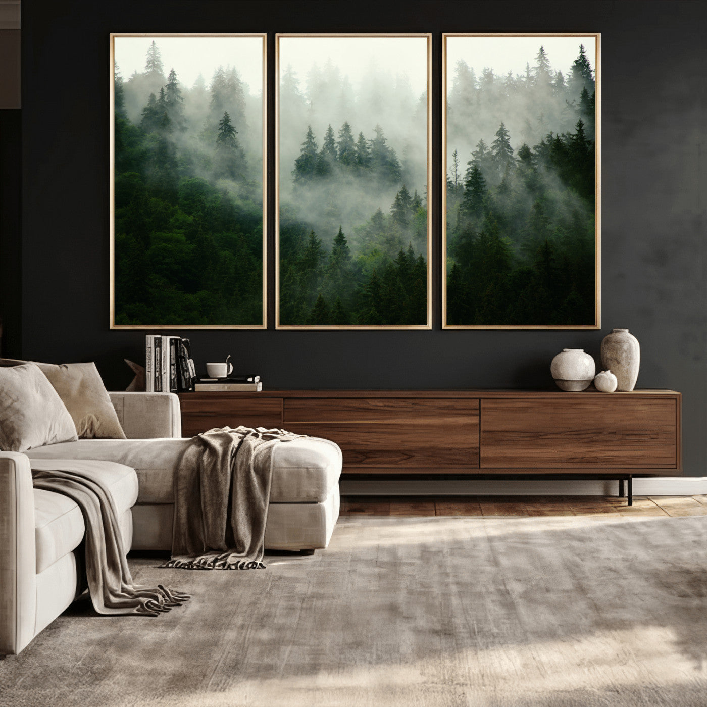 167720496-MGV-CV-36X24 - Misty Forest Mountain Wall Art Canvas | Large 3-Panel Foggy Landscape Canvas Print | Nature Misty