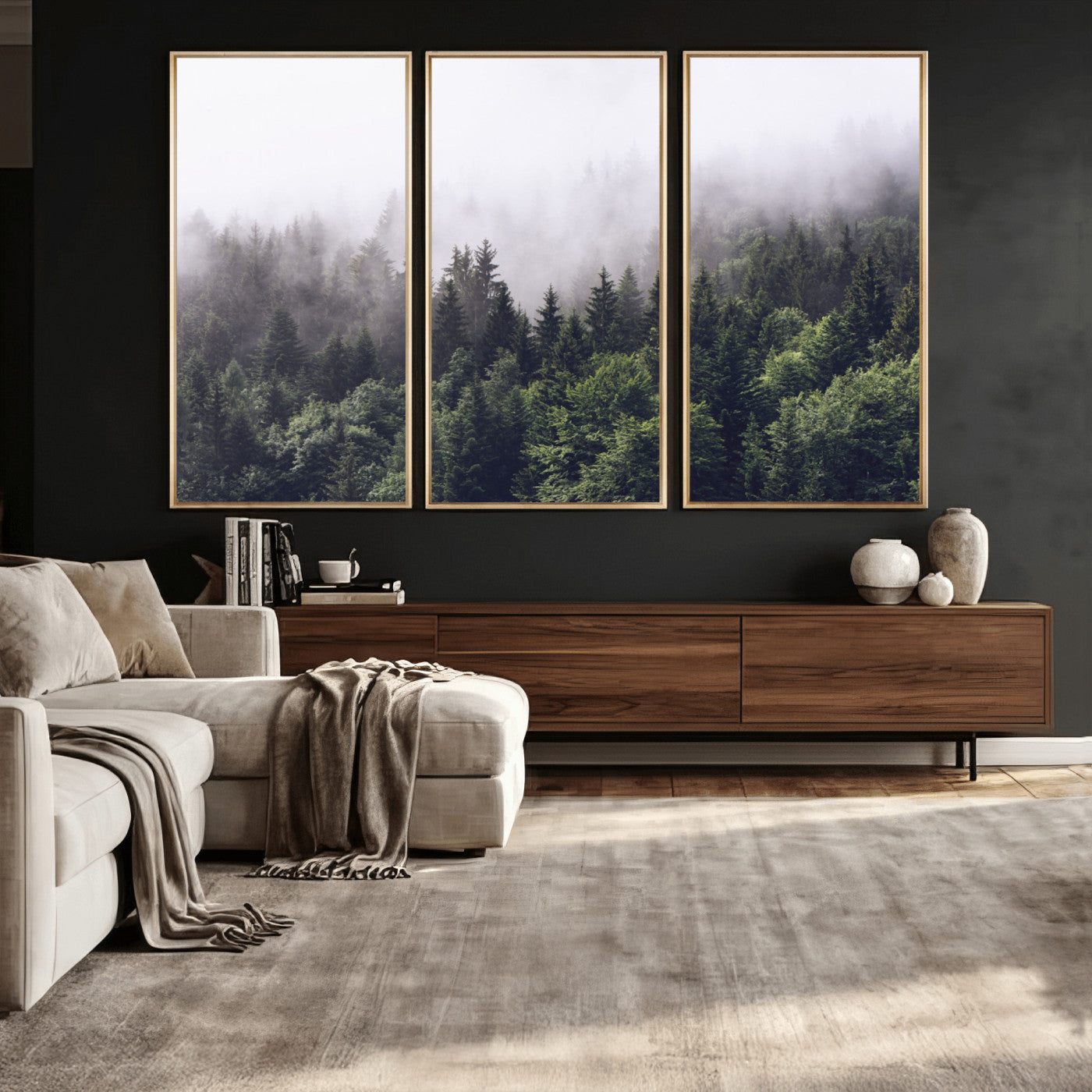 42578900-MGV-CV-36X24 - Misty Forest Canvas Wall Art – Serene Triptych Nature Print – Woodland Landscape Decor for Living