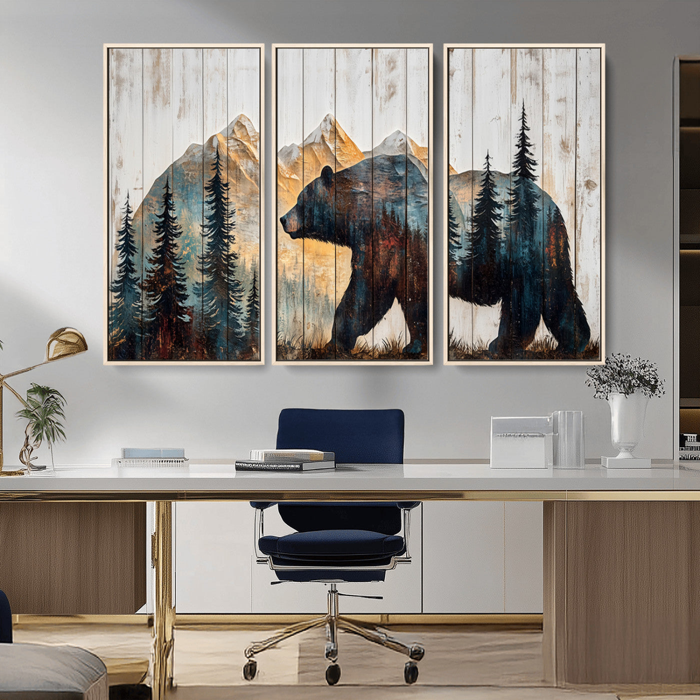90077-MGV-FC-48X32-3P_Natural-Rustic Bear Wall Art - Grizzly 399 Bear Wall Art - Mountain Wood Canvas Wall Art - Nature Theme