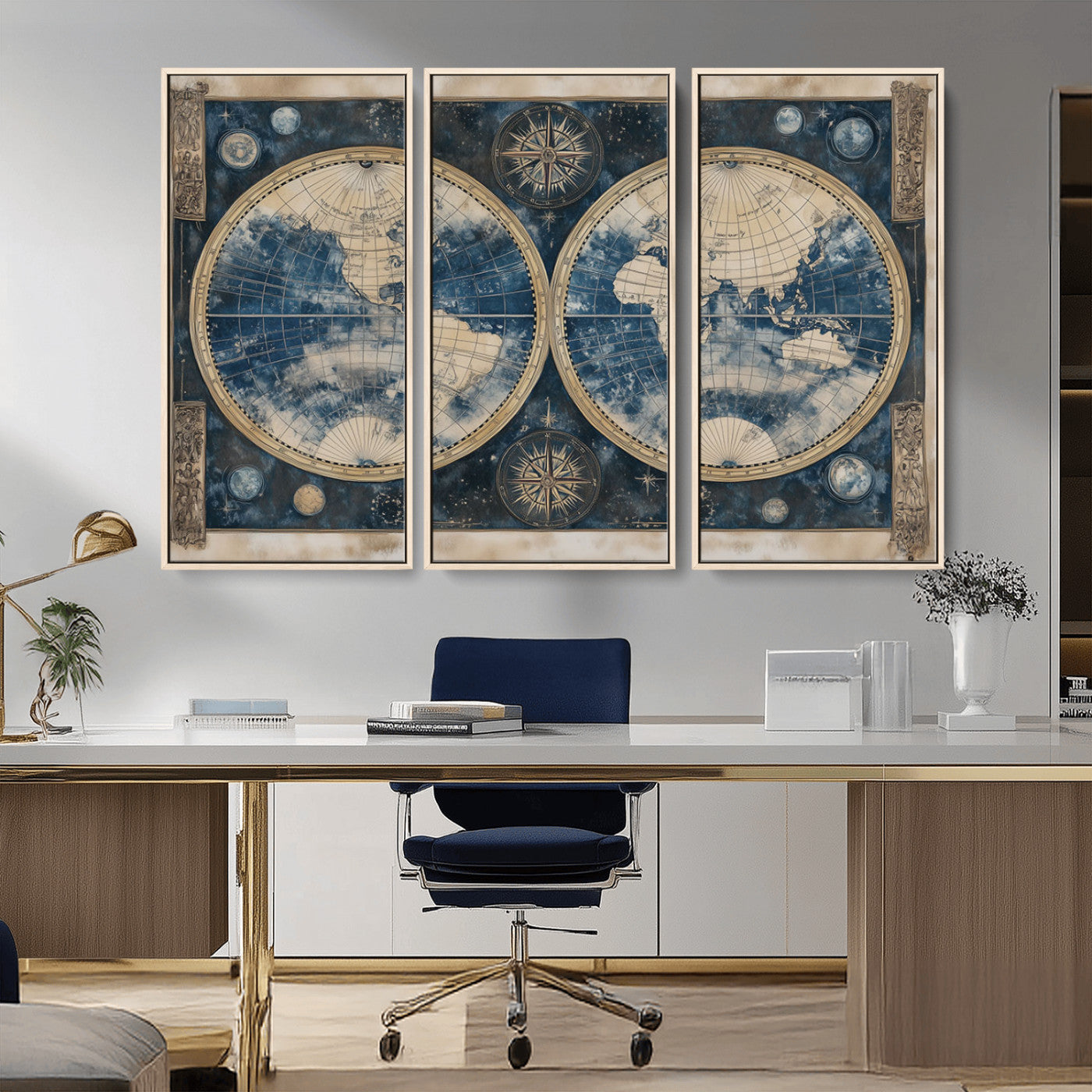 -Framed Vintage Blue World Map Canvas Print – Antique Double Hemisphere Wall Art for Home and Office Decor, Classic Explorer Map Artwork