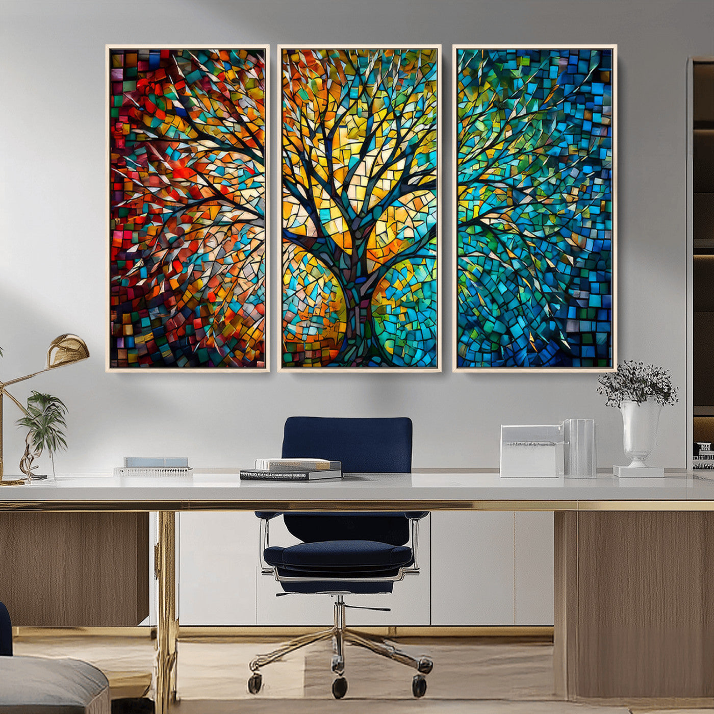 99325-MGV-CV-36X24-Yggdrasil Tree of Life Wall Art Print Canvas | Mosaic Style 3-Panel Canvas Print
