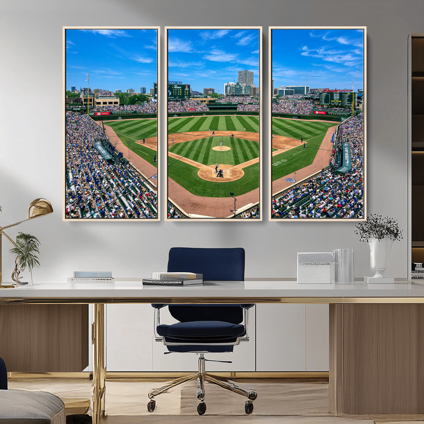 26064-MGV-CV-36X24-Wrigley Field Chicago Cubs Wall Art Canvas Print Framed Panoramic Multi-Piece Iconic Baseball Stadium Artwork for Home, Office