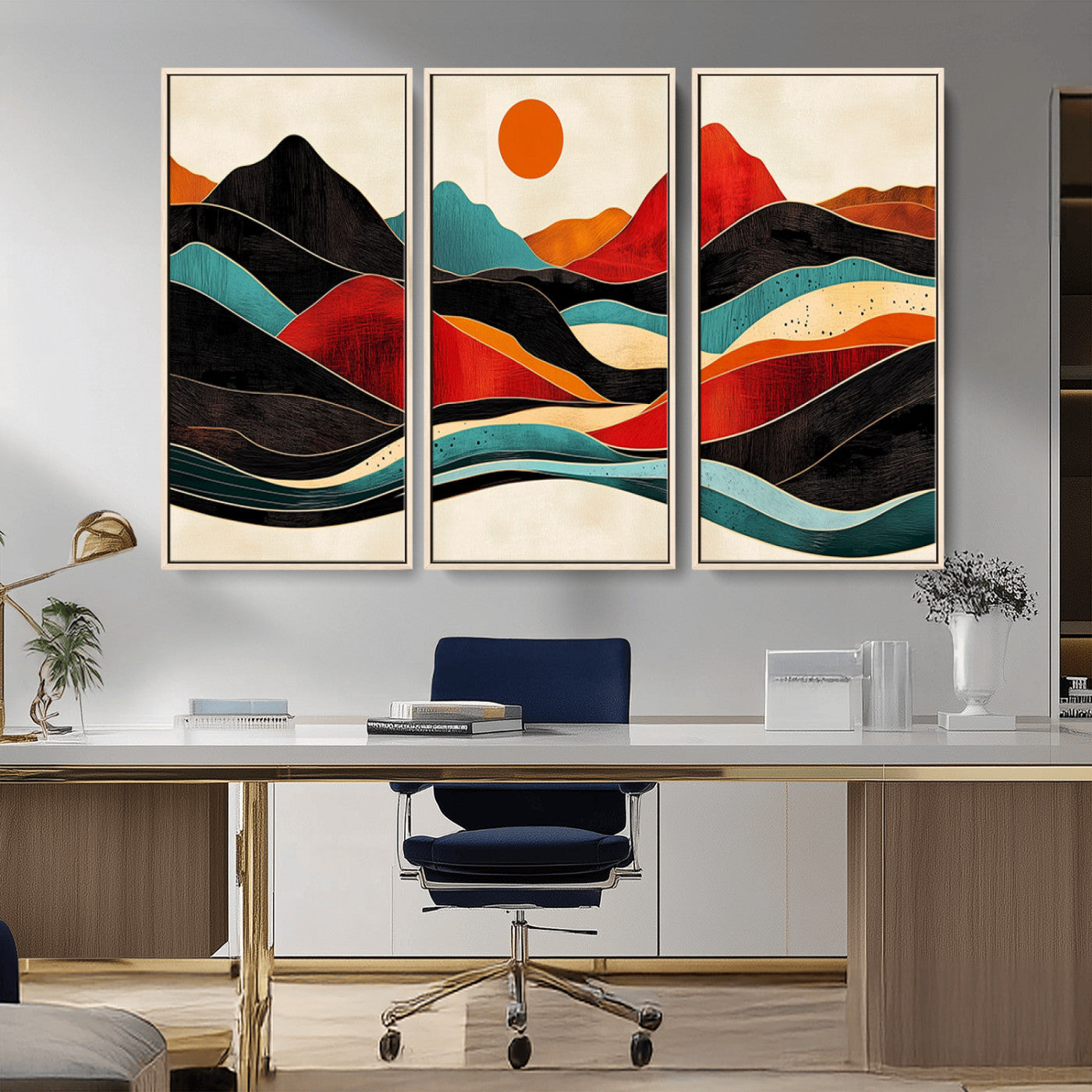 -Western Wall Decor - Large Triptych Mountain Canvas - Boho Woodland Wall Art Print - Framed