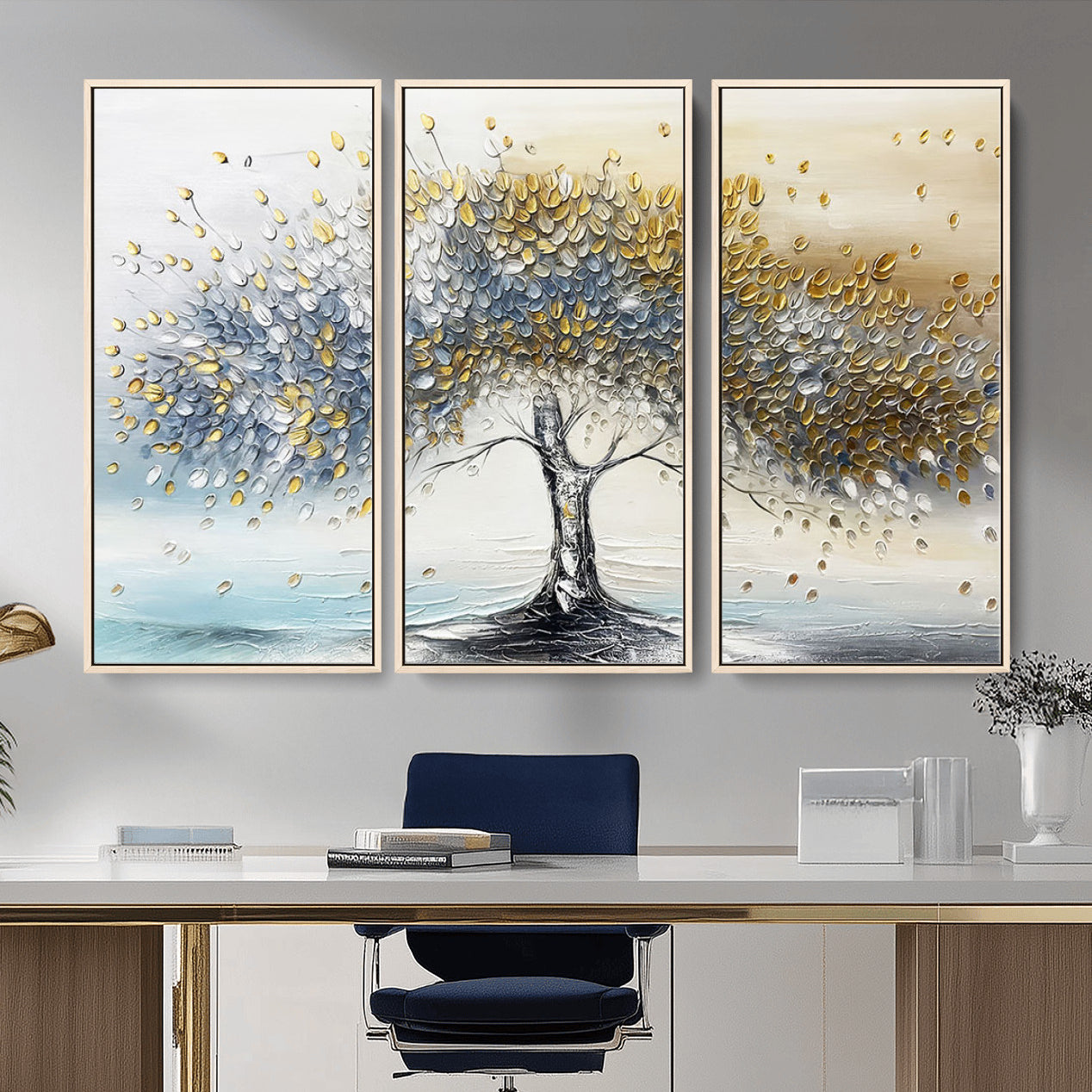MGV-FC-48X32-3P - Golden & Silver Tree of Life Wall Art – Canvas Print with Whimsical Leaves Elegant Nature Design, Decorative Home, Office or Guest Room Decor