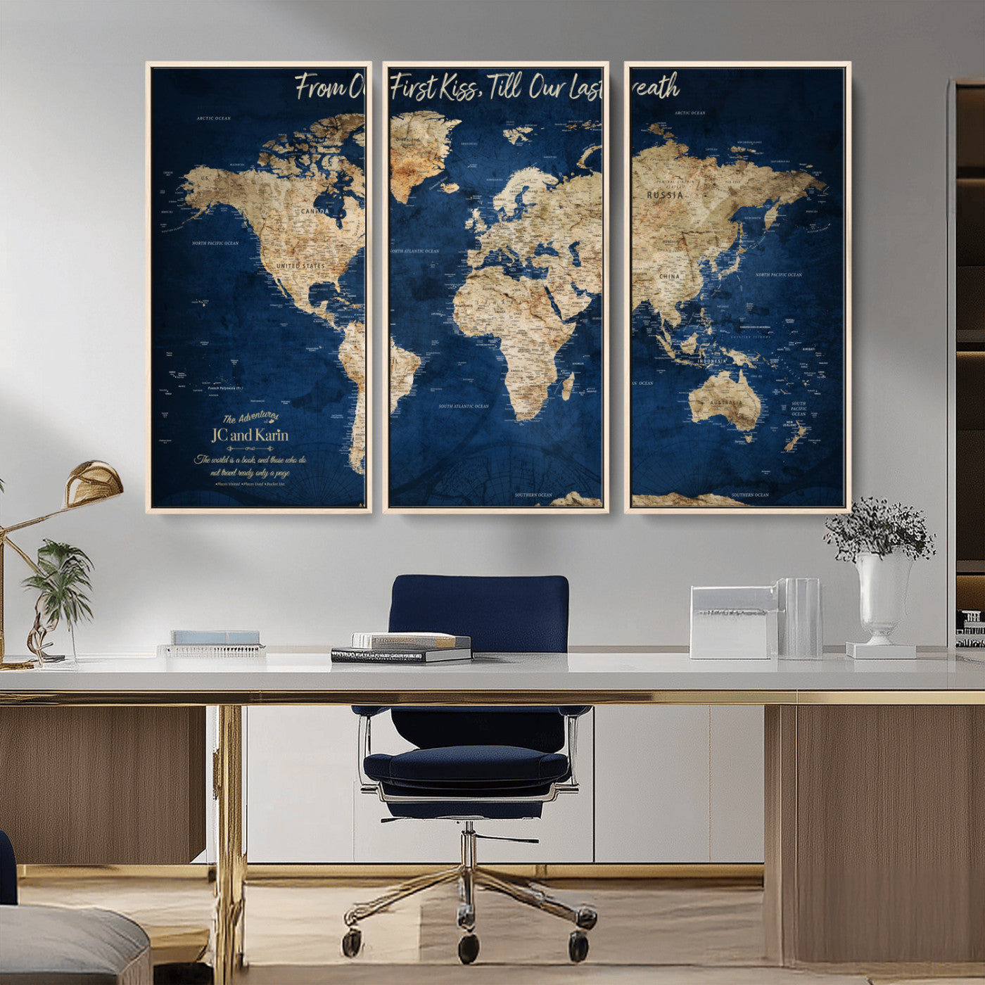 -Personalized Push Pin World Map Canvas Print – Custom Couple Travel Tracker Wall Art, Framed Anniversary Gift for Home Decor