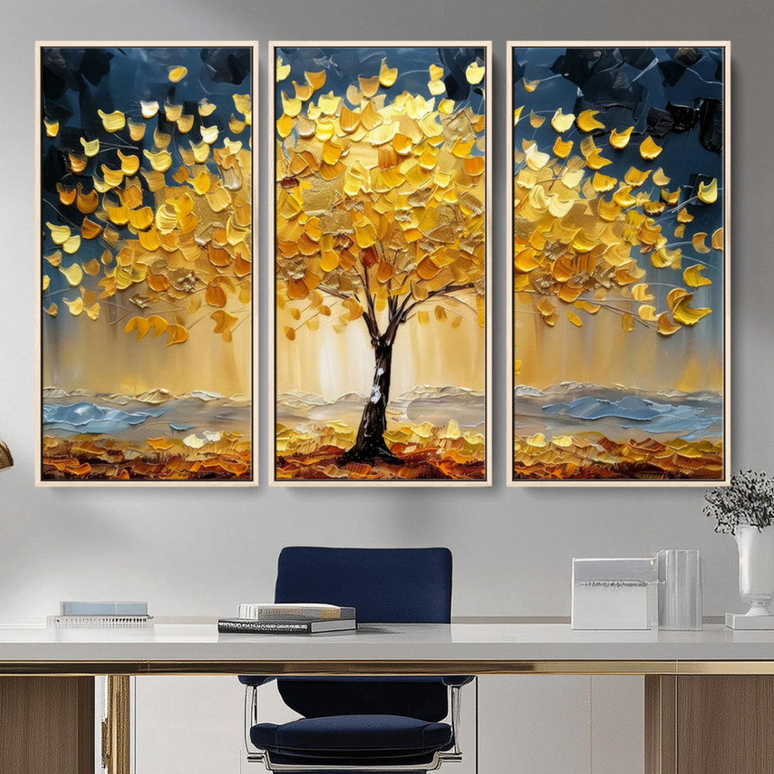 Golden Tree Wall Art | Framed Autumn Leaves Canvas Artwork