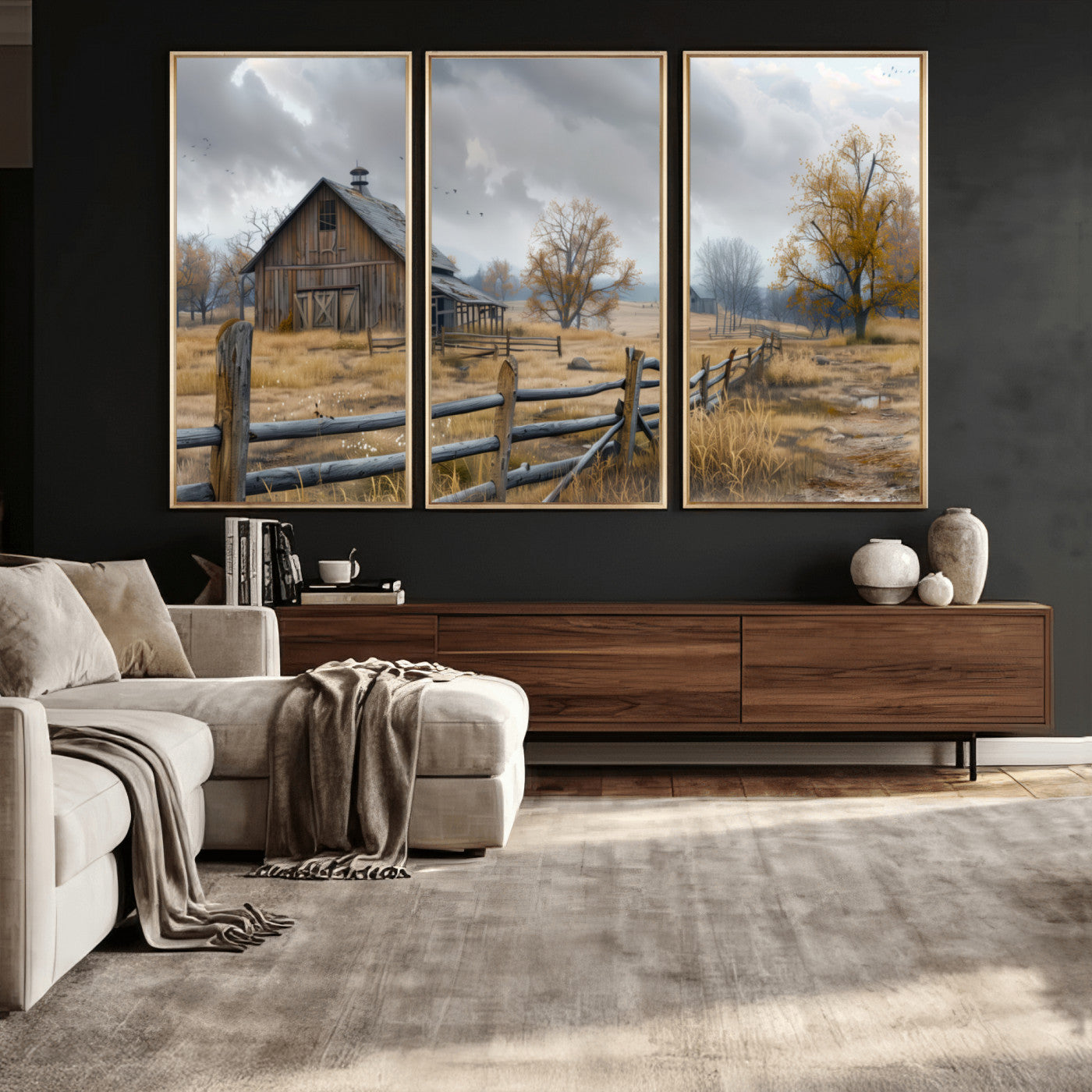 Farm1-MGV-CV-36X24 - Rustic Autumn Farmhouse Wall Art Canvas Print – Serene Countryside Scene with Weathered Barn and