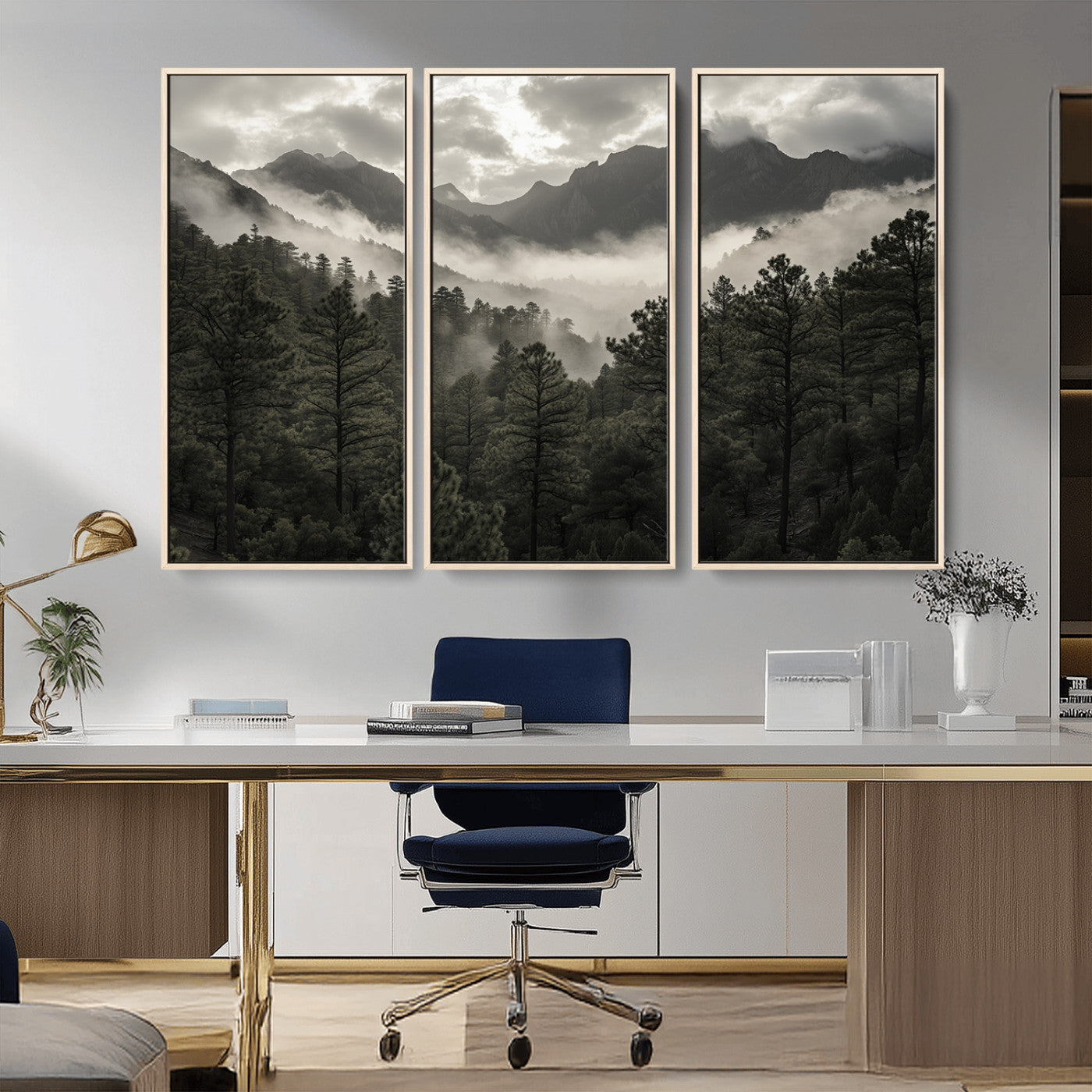Canvas of moody pine forest and foggy mountain peaks under overcast skies, ideal for calm and rustic woodland-themed home decor.