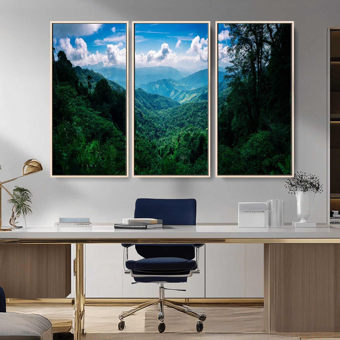 Canvas of a misty tropical jungle with vibrant greenery and layered blue mountains, ideal for exotic nature-themed wall décor.