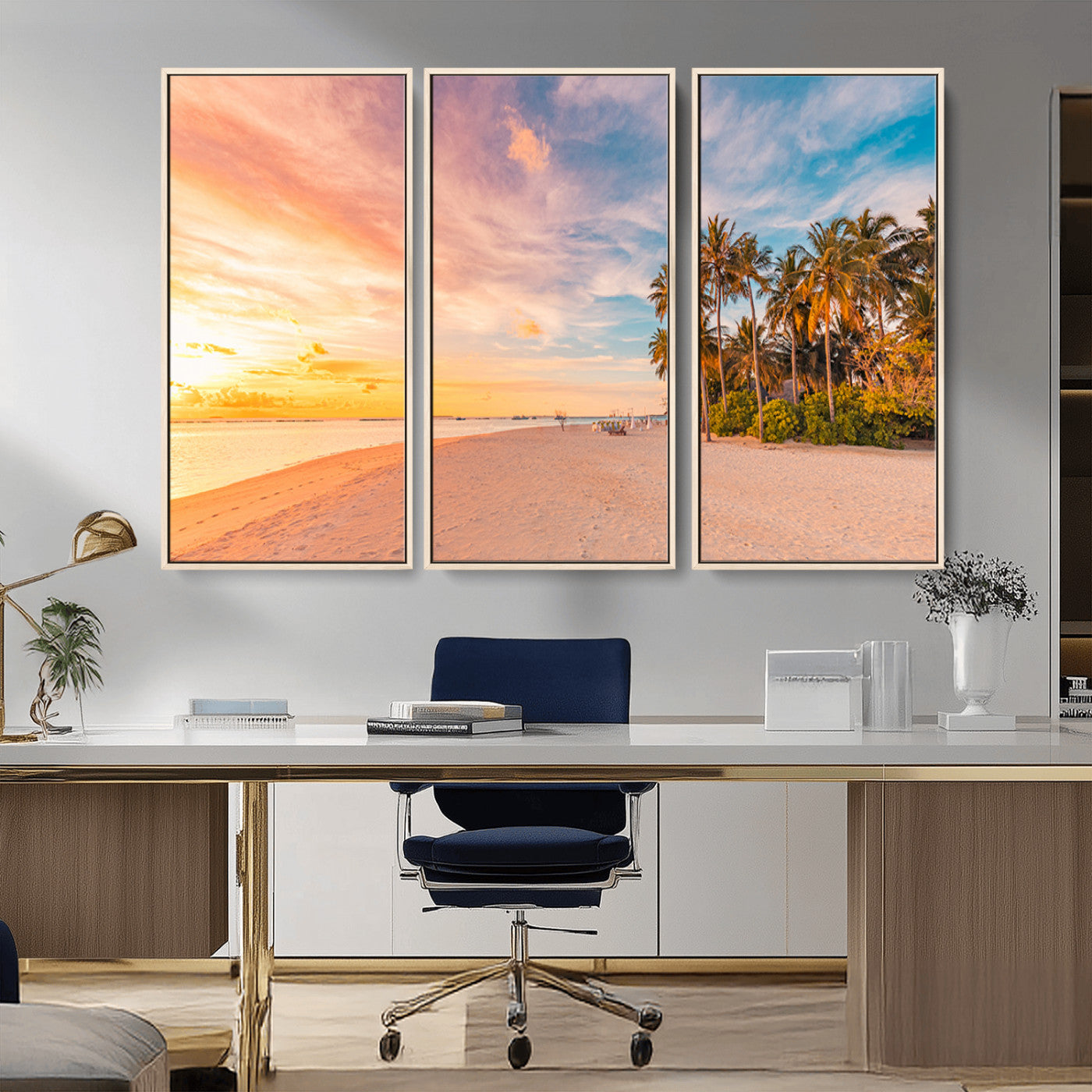 Tropical beach canvas with palm trees and soft sunset tones, ideal for coastal or beach-style home décor in warm pastel hues.
