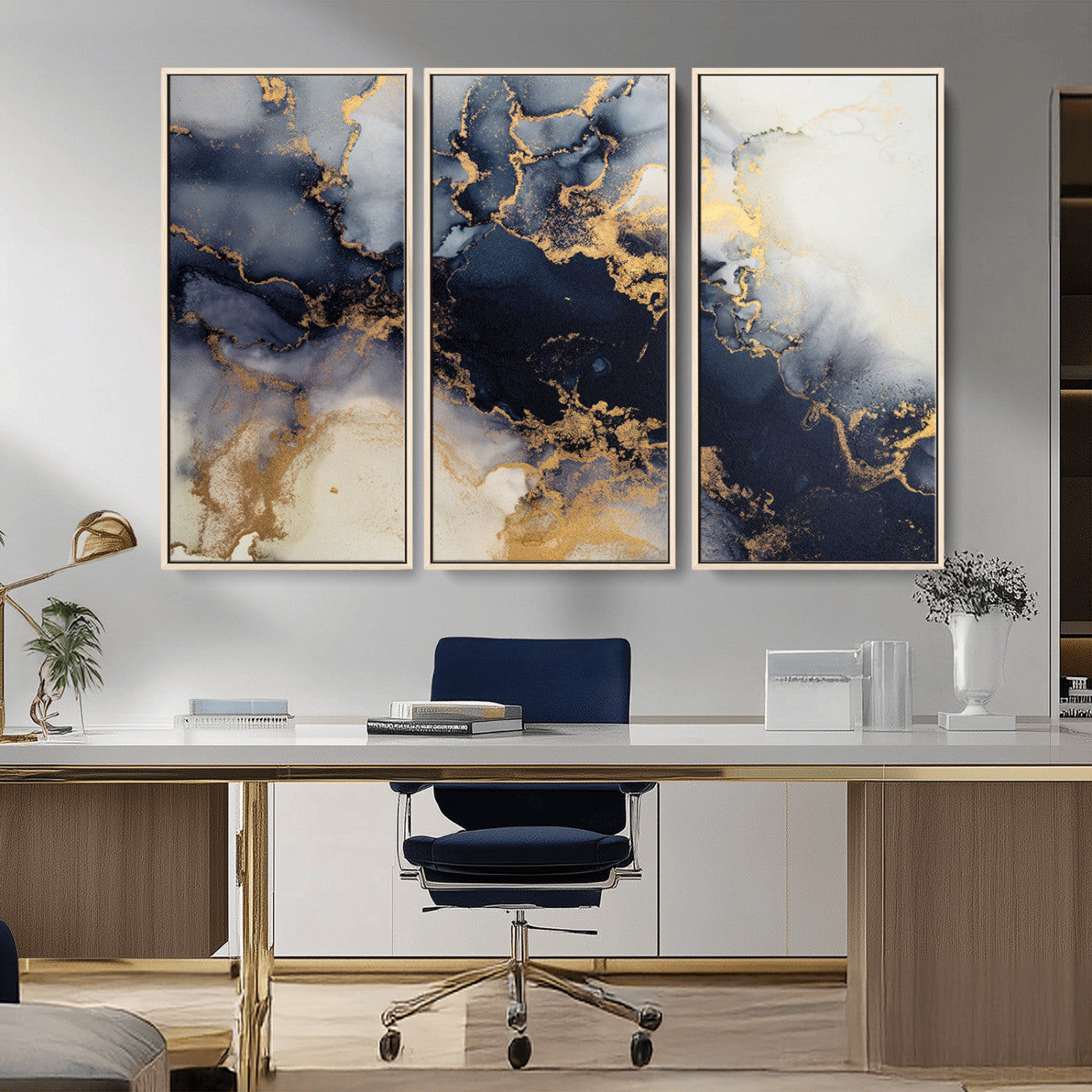 41136487-MGV-CV-48X32-3P-Black Marble Wall Art Canvas Print – Framed Abstract Gold Veins Elegant Luxury Design Decor for Home, Office