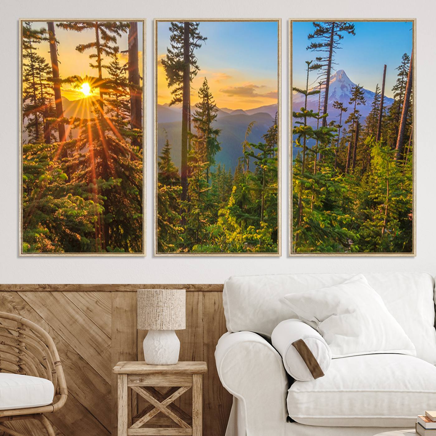 -Forest Sunset Wall Art Canvas Print, Framed Sunset Trees Art Picture Print, Green Pines Perfect