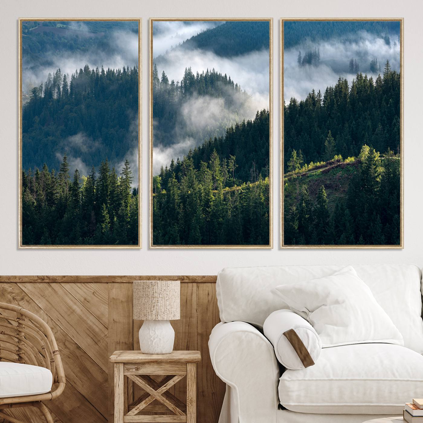 -Misty Forest Wall Art Canvas Print, Framed Pine Hills Art Picture Print, Misty Forest Print,