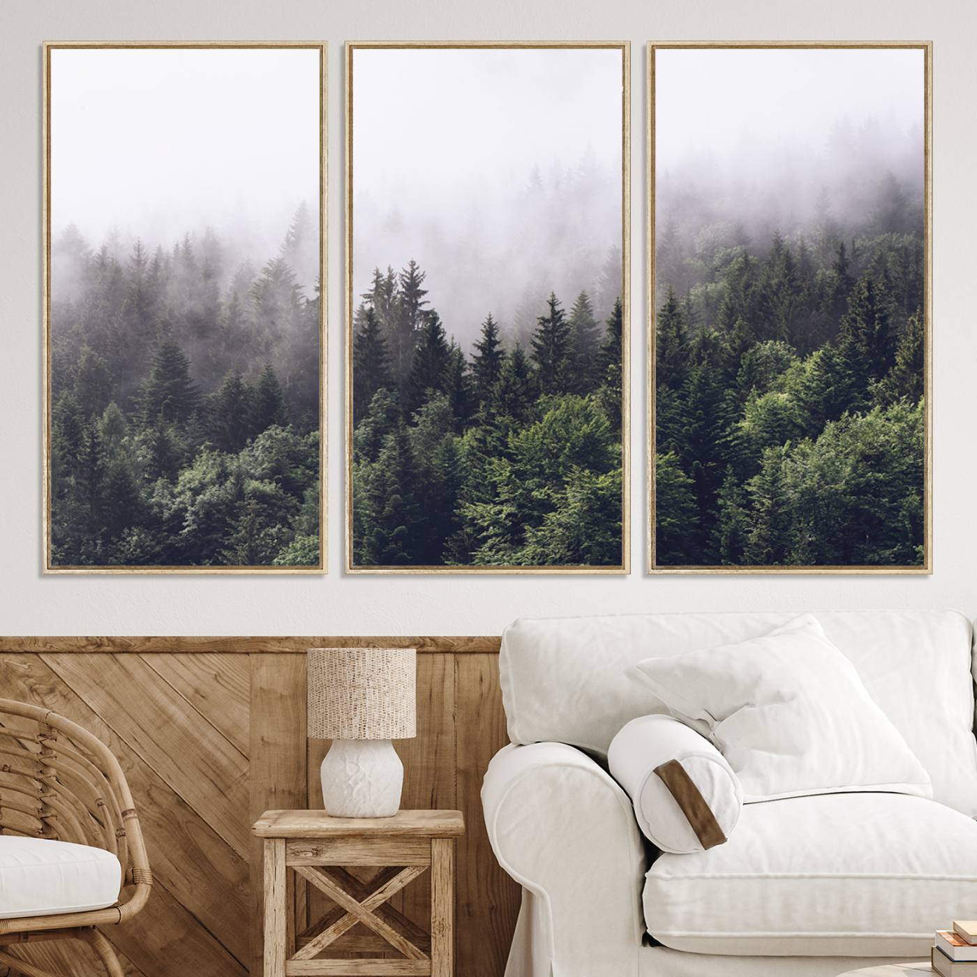 -Misty Forest Wall Art Canvas Print, Framed Foggy Pines Art Picture Print, Pine Valley Perfect Moody