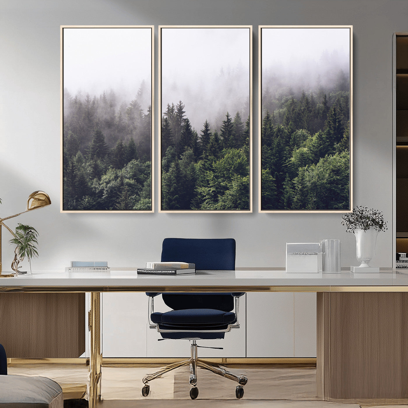 Canvas of dense misty forest in dark green tones, ideal for moody forest or atmospheric woodland-themed home decor.