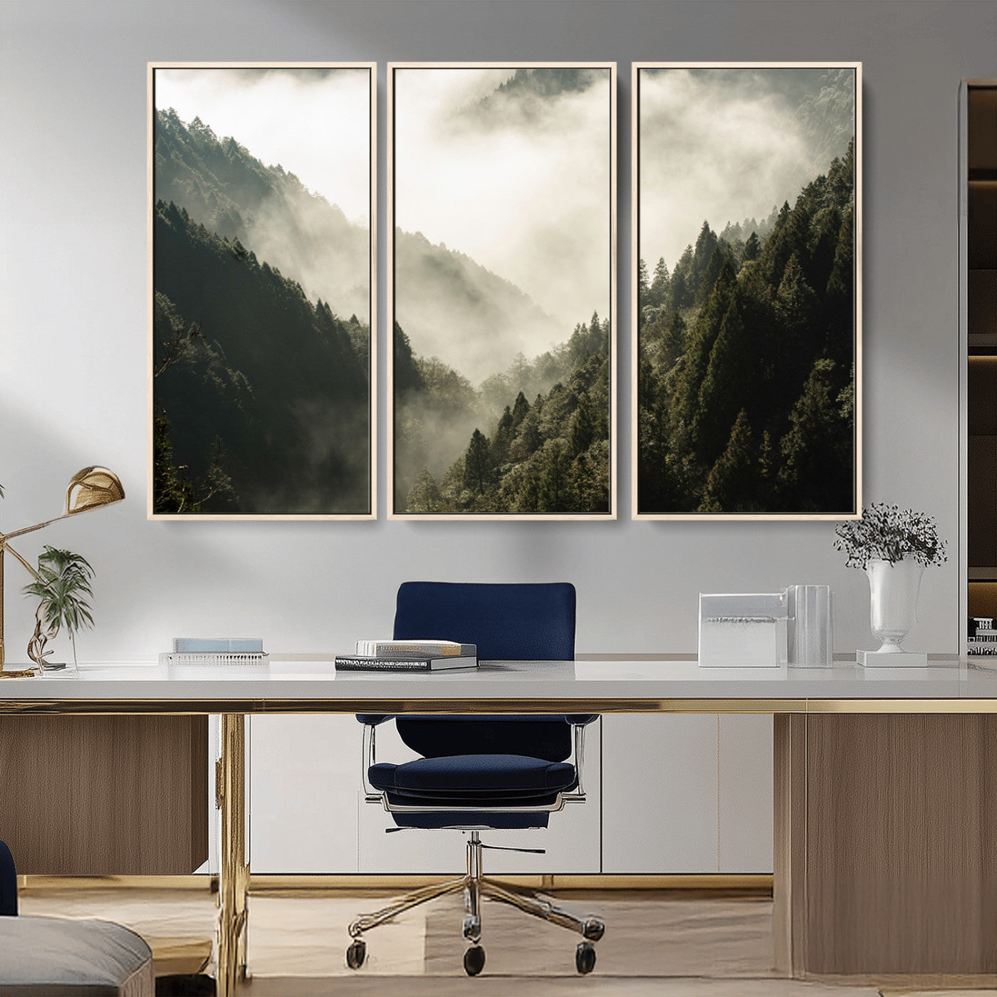 Canvas showing a misty pine forest valley with layered green hills and soft fog, perfect for moody or nature-themed decor styles.