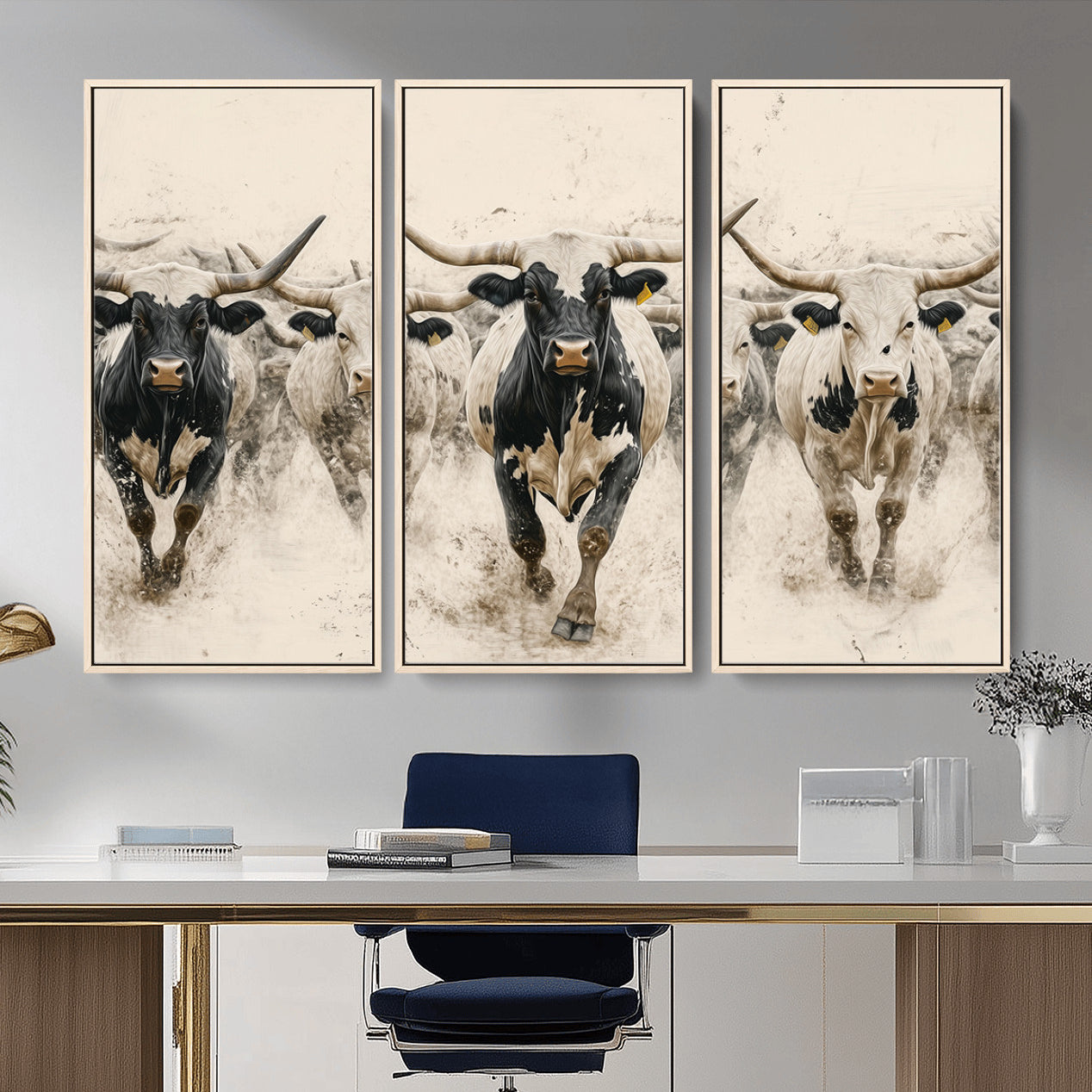 MGV-FC-48X32-3P - Cream Dust Longhorn Wall Art – Canvas Print of Western Herd Stampede, Dynamic Charge, Rustic Prairie Motion, Bold Nature Farm Decor