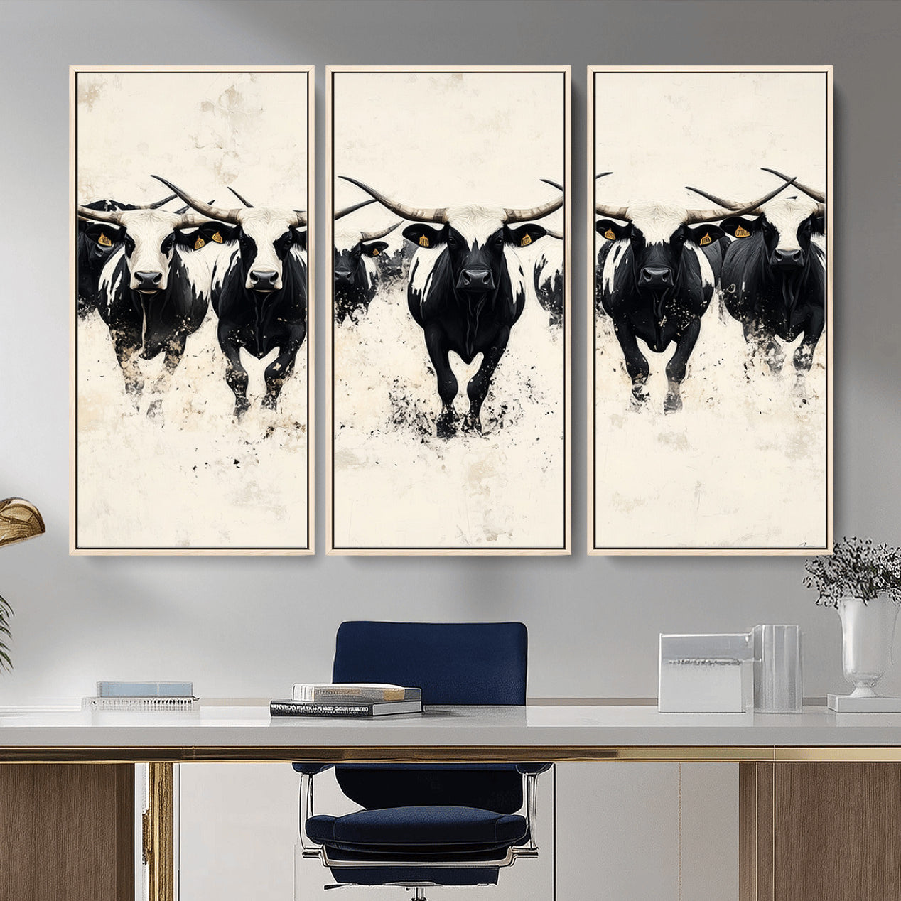 MGV-FC-48X32-3P - Longhorn Cattle Wall Art – Canvas Print of Herd in Motion, Symmetry and Ink Splatter, Minimalist Western Ranch, Bold Rustic Farm Decor