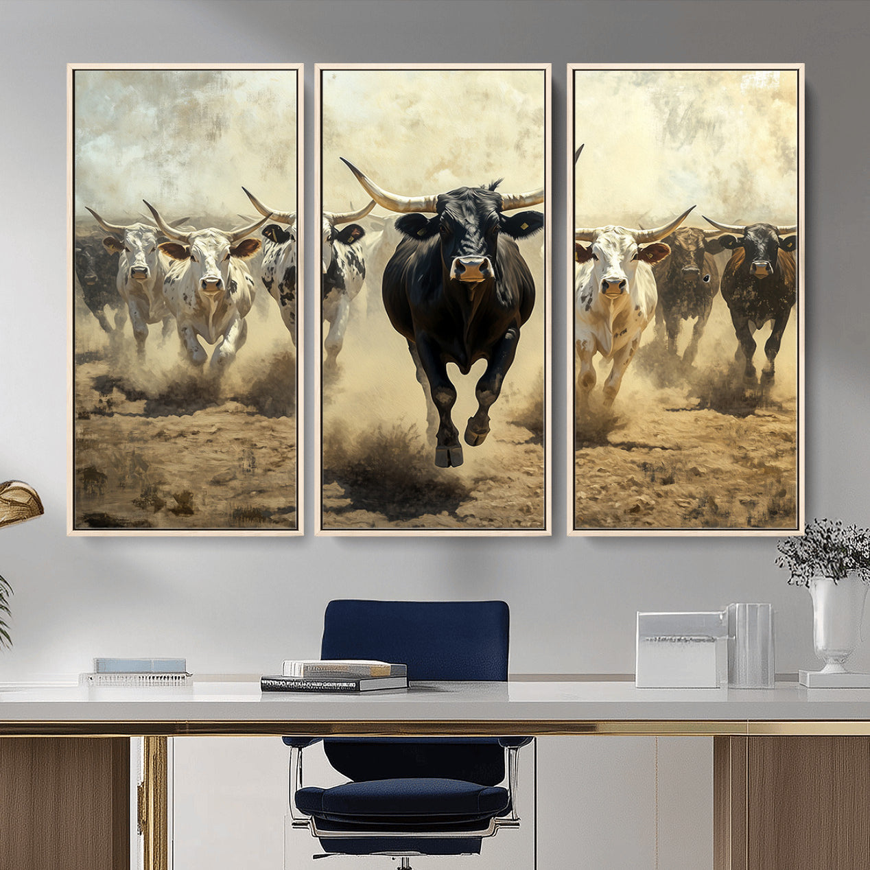 MGV-FC-48X32-3P - Running Cattle Wall Art – Canvas Print of Western Herd, Dust Stampede, Longhorns, Wild West Ranch, Bold Rustic Farm Decor for Home or Office