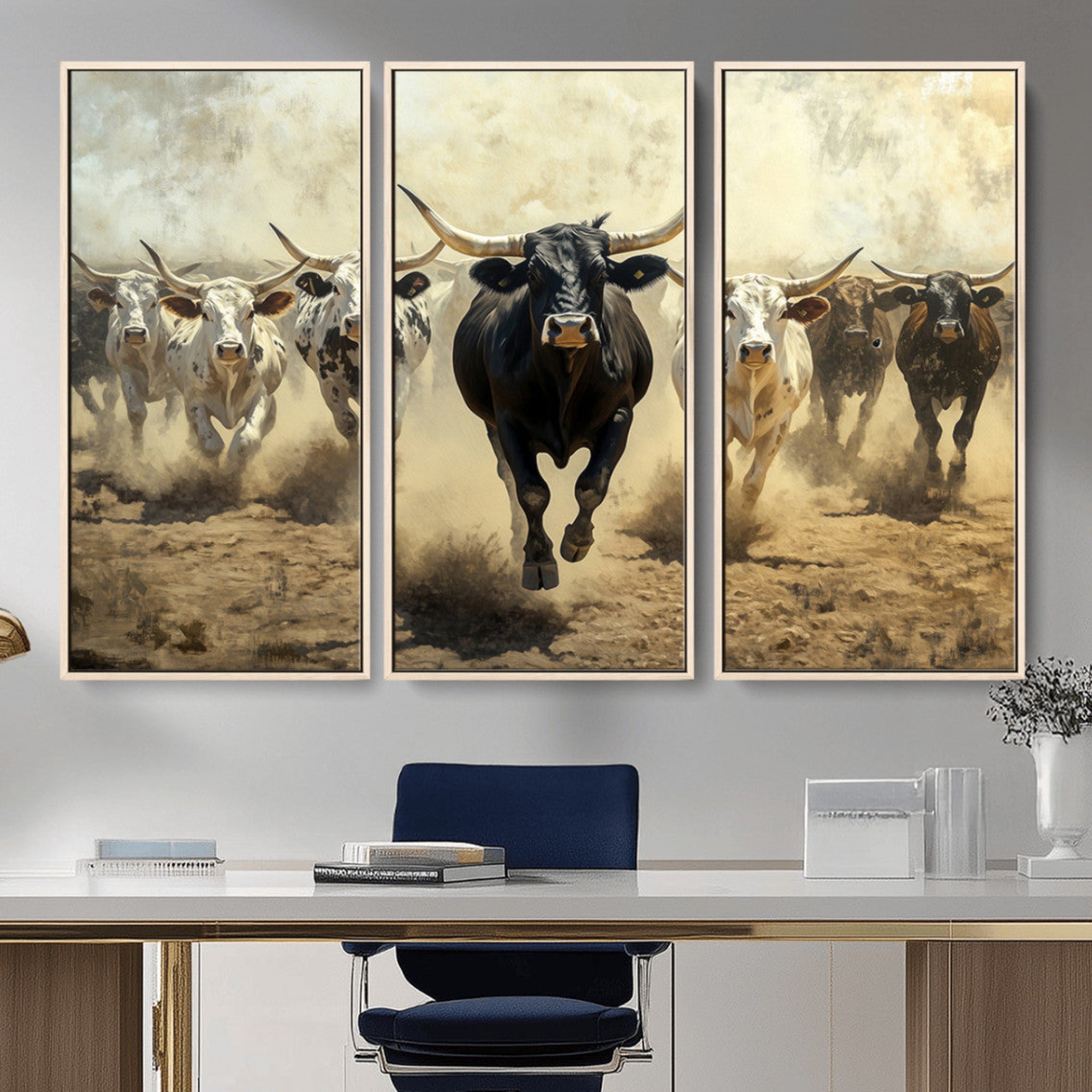 Dynamic canvas showing a Texas Longhorn stampede with earthy tones and bold movement, perfect for rustic or Western-style interiors.