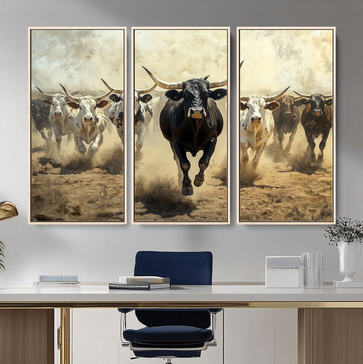 MGV-FC-48X32-3P - Running Cattle Wall Art – Canvas Print of Western Herd, Dust Stampede, Longhorns, Wild West Ranch, Bold Rustic Farm Decor for Home or Office
