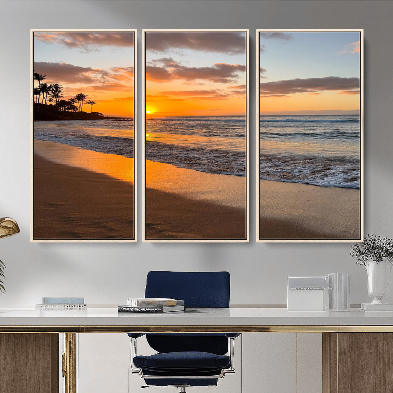 MGV-FC-48X32-3P - Sunset Glow Wall Art – Canvas Print of Ocean Breeze, Golden Sand, Tropical Palm Silhouettes, Tranquil Waves, Beach Nature Decor for Home