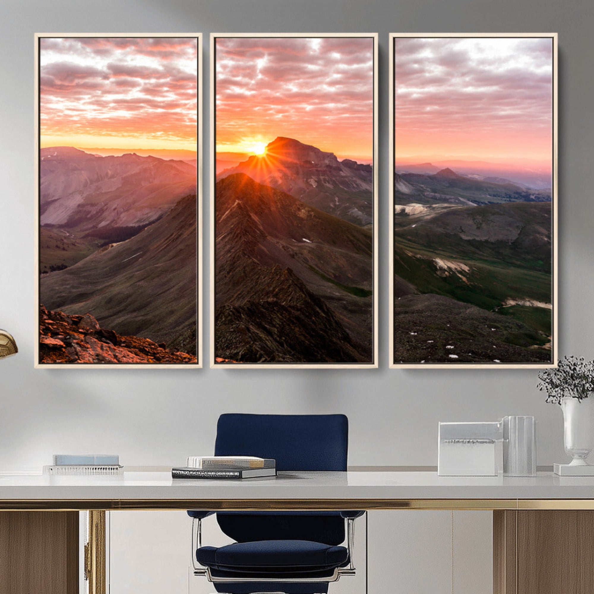 Canvas showing a mountain ridge at sunrise with golden light and dramatic clouds, perfect for nature or rustic-inspired wall decor.